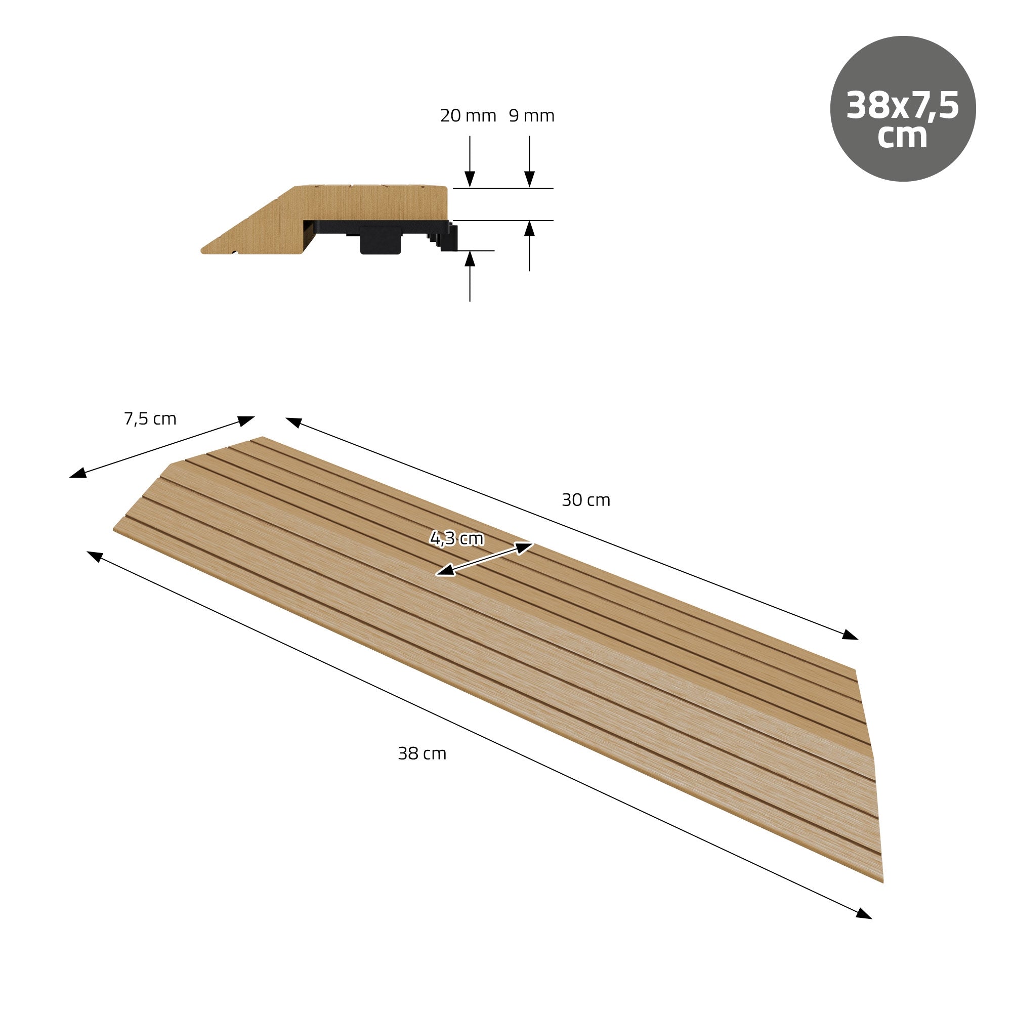 Technische Zeichnung einer Holzplatte mit Maßen und Profilansicht.