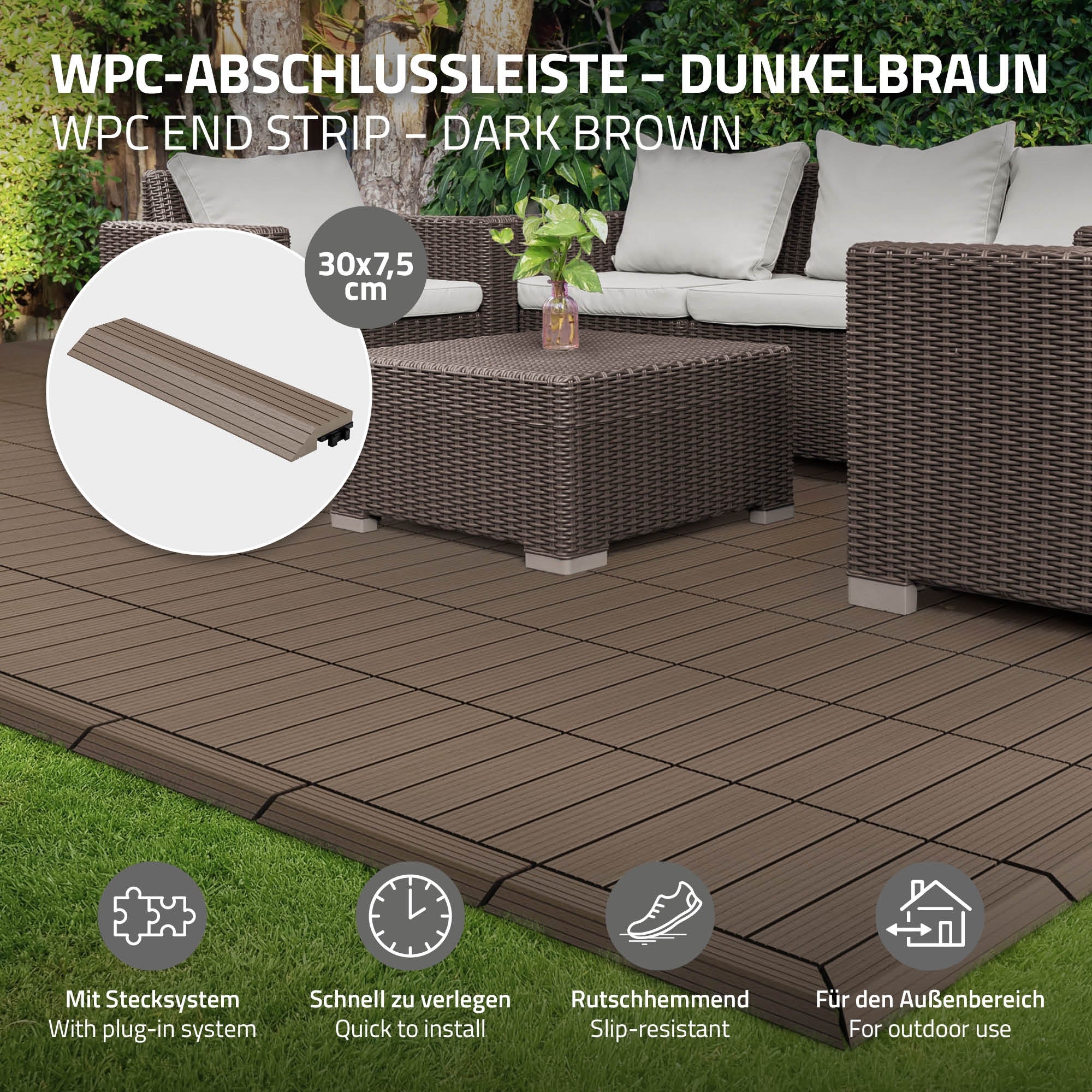 WPC-Abschlussleiste in Dunkelbraun auf einem Bodenbelag.