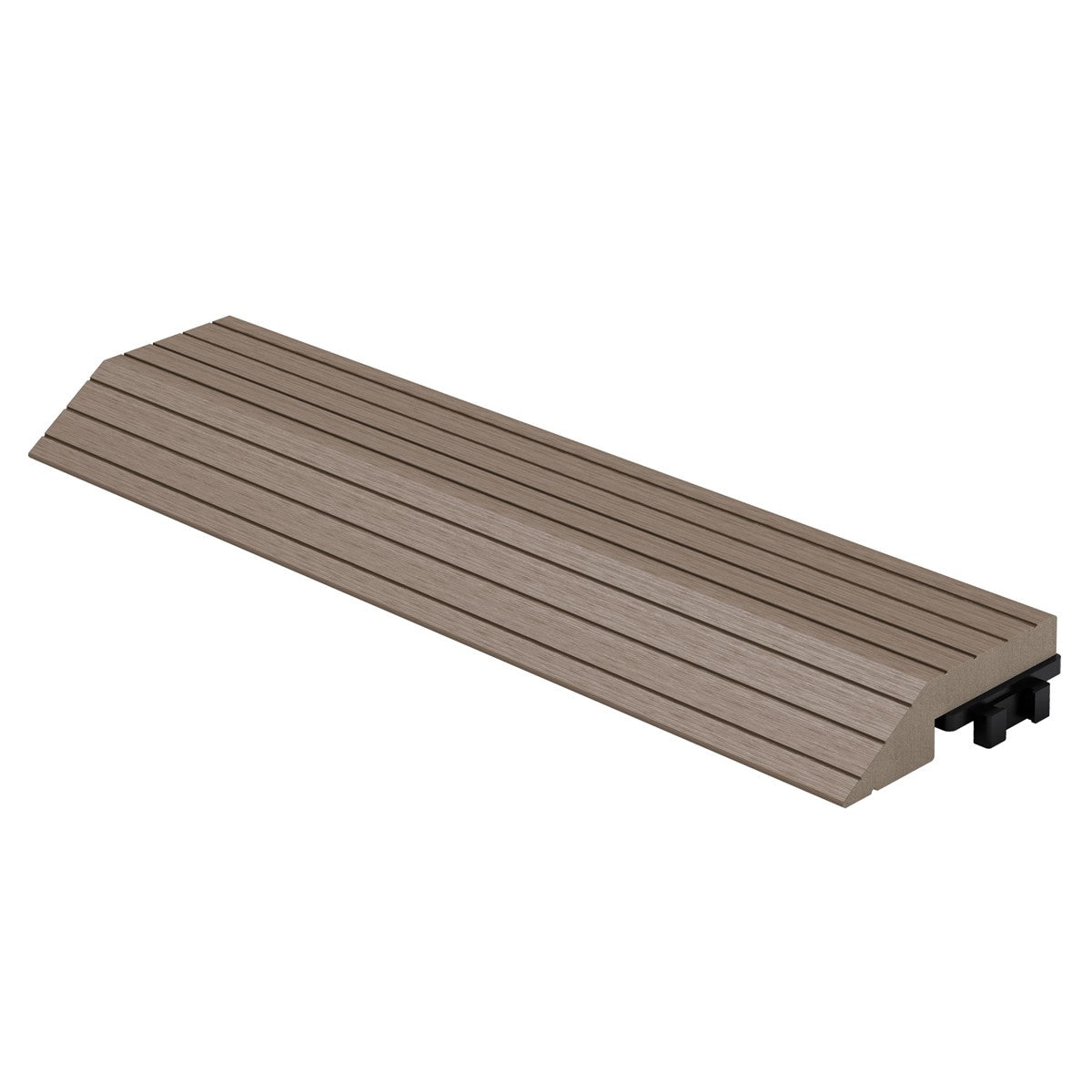 A brown WPC finishing strip with a grooved texture.