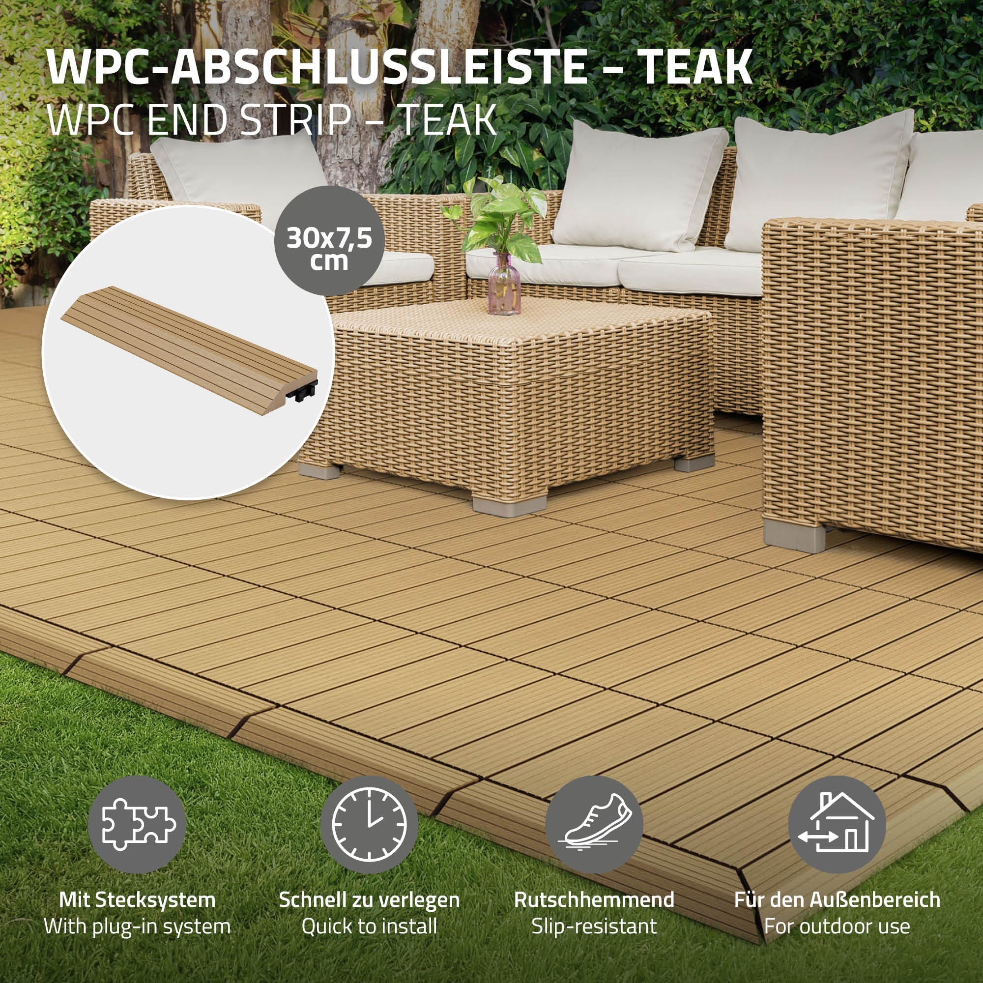 WPC-Abschlussleiste in Teakfarbe für den Außenbereich.