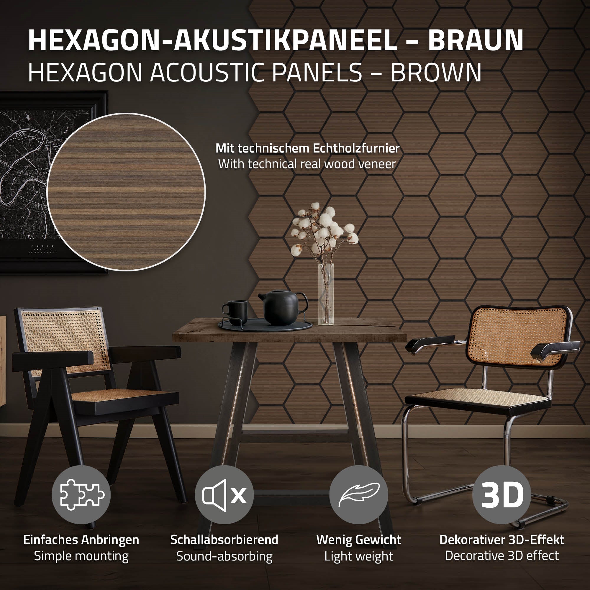 Braune Hexagon-Akustikpaneele mit Holzfurnier an einem Tisch und Stühlen.