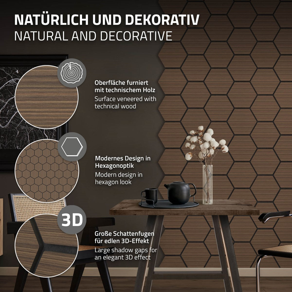 Holzpaneele in Hexagon-Optik, Tisch mit Dekoration im Hintergrund.