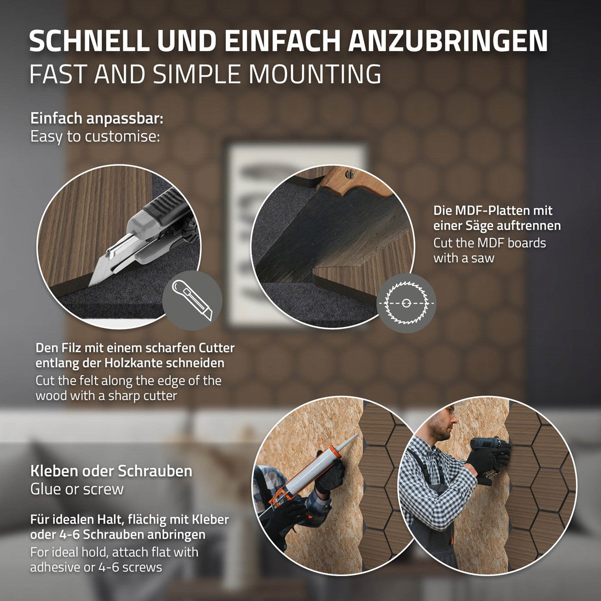 Anleitung zum Anbringen von MDF-Paneelen mit Werkzeugen.