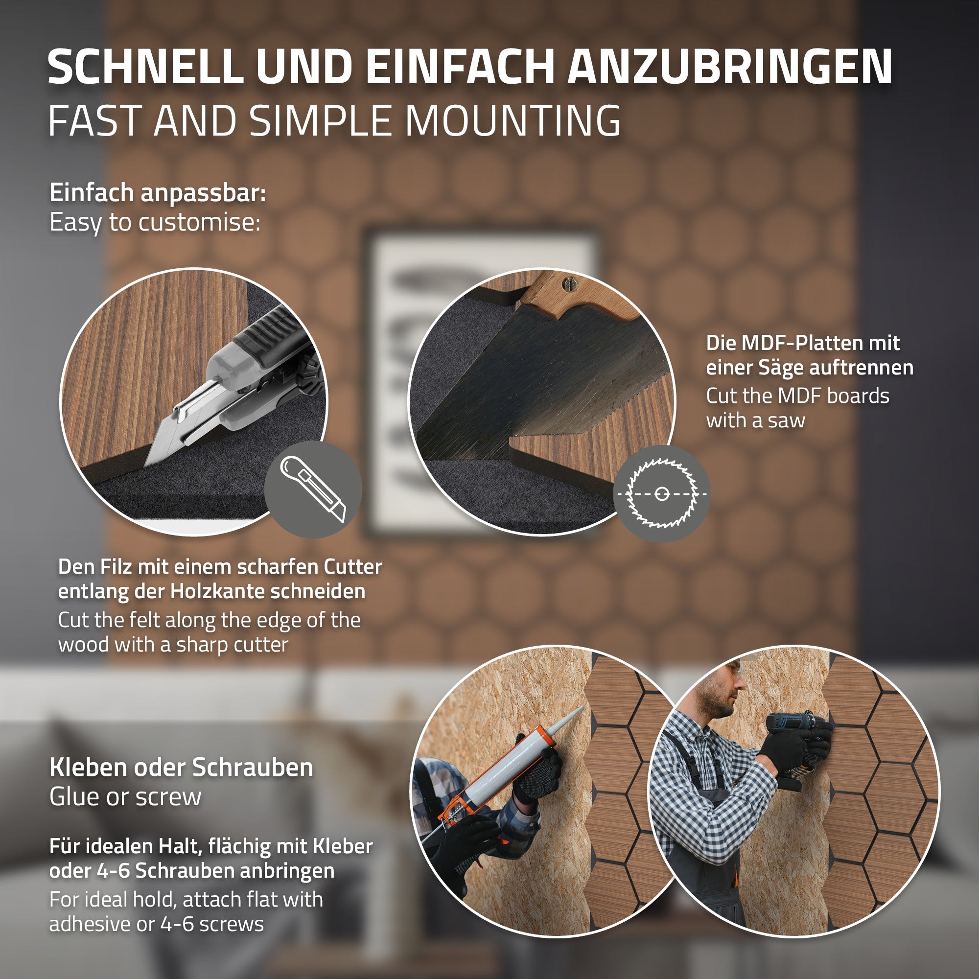 Anleitung zum Anbringen von MDF-Platten mit Werkzeug und Kleber.