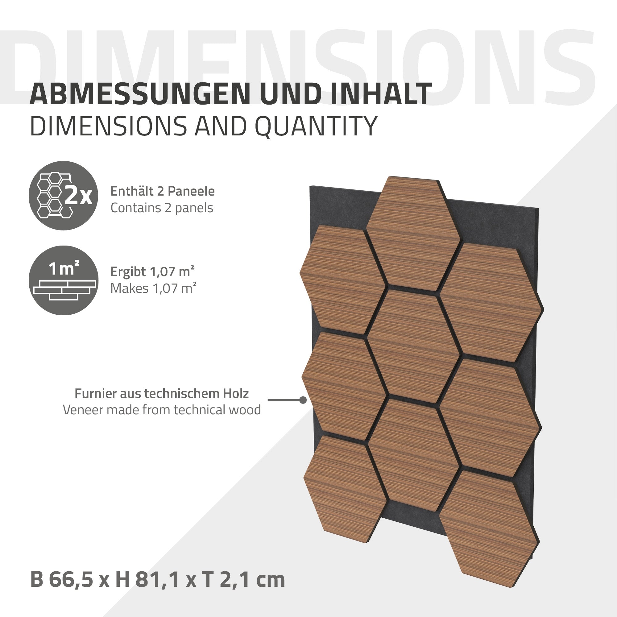 Hexagonale Paneele aus Holz mit Maßangaben und Inhalt.