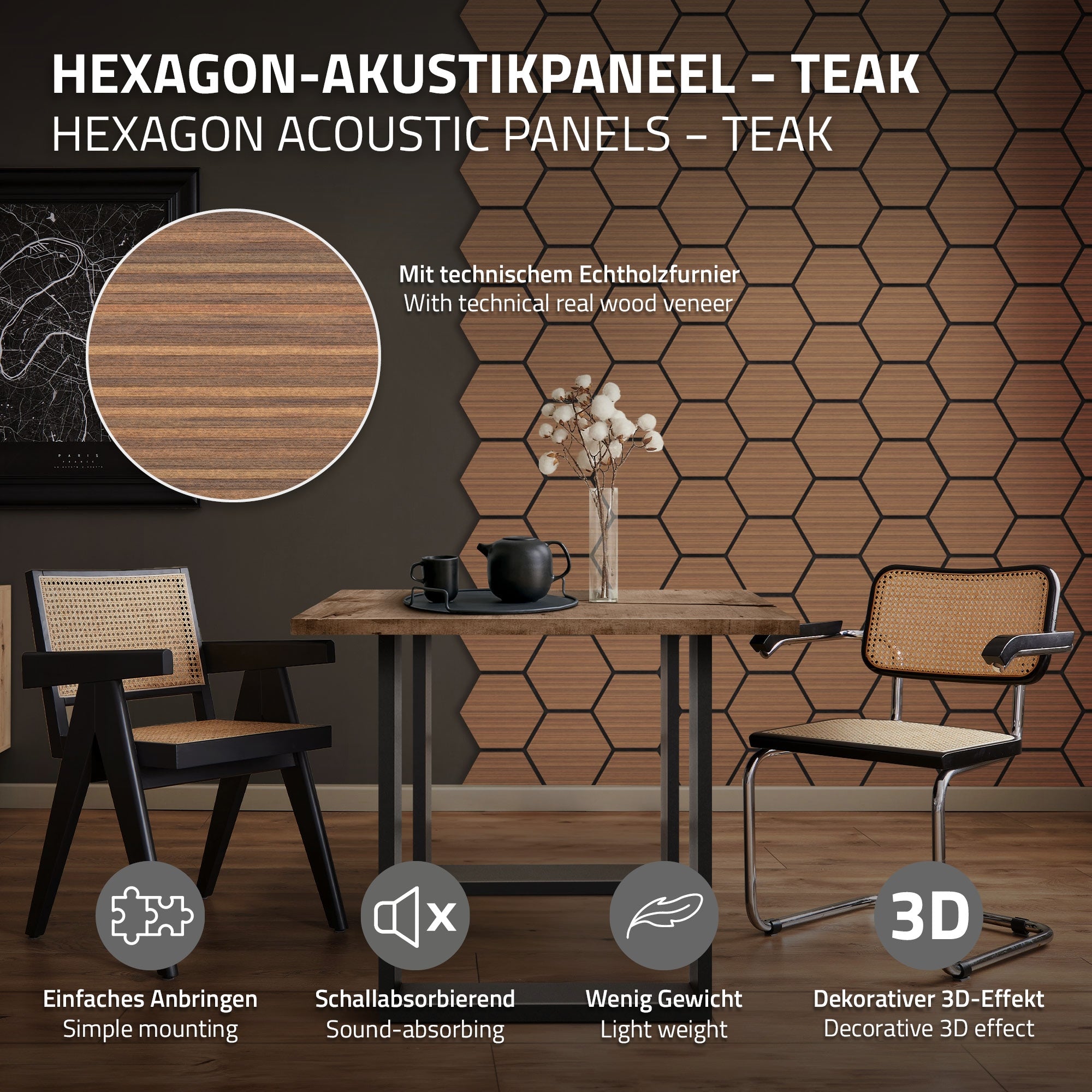 Hexagonale Akustikpaneele in einem modernen Raum mit Möbeln.