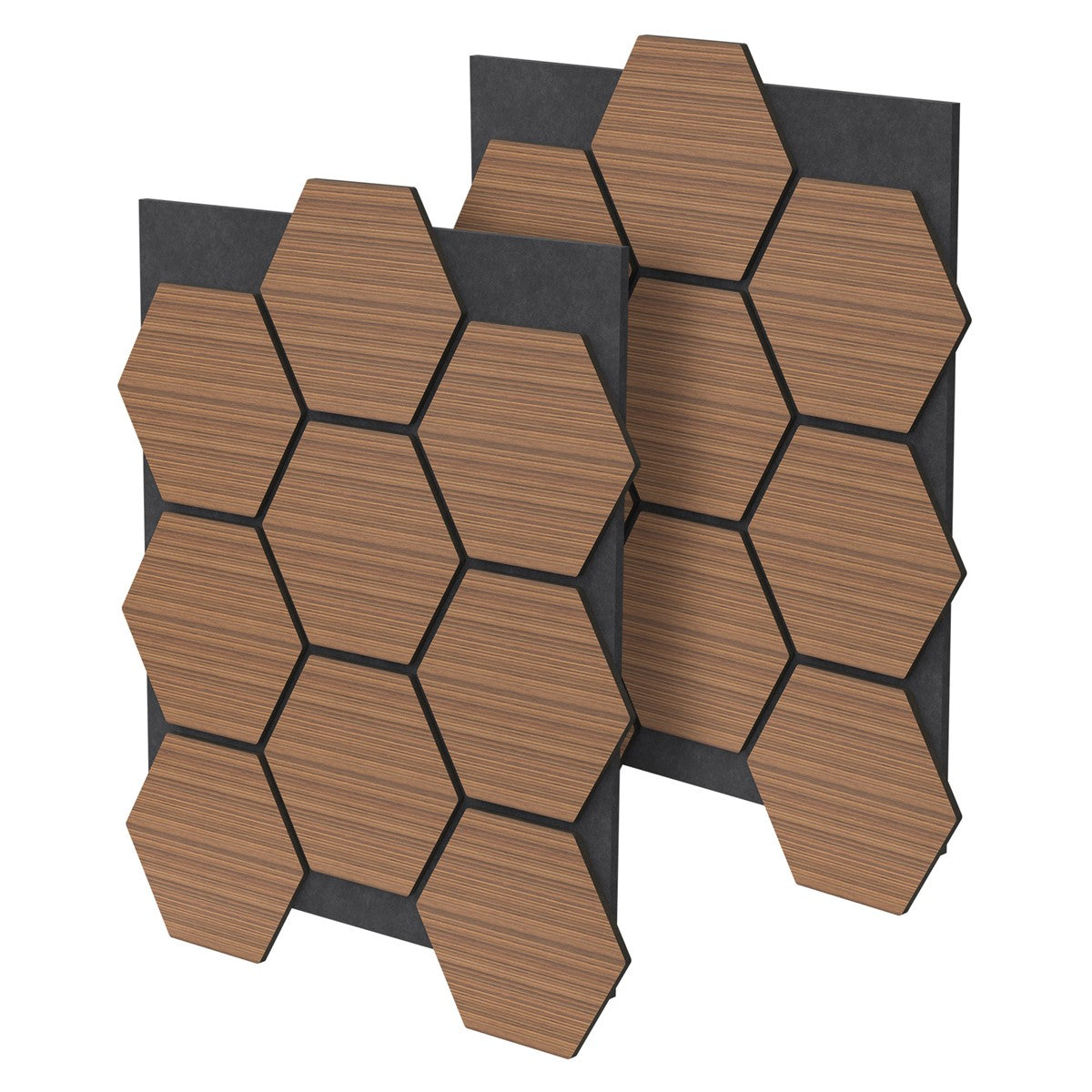 Holzpaneele in hexagonaler Form auf schwarzem Hintergrund.