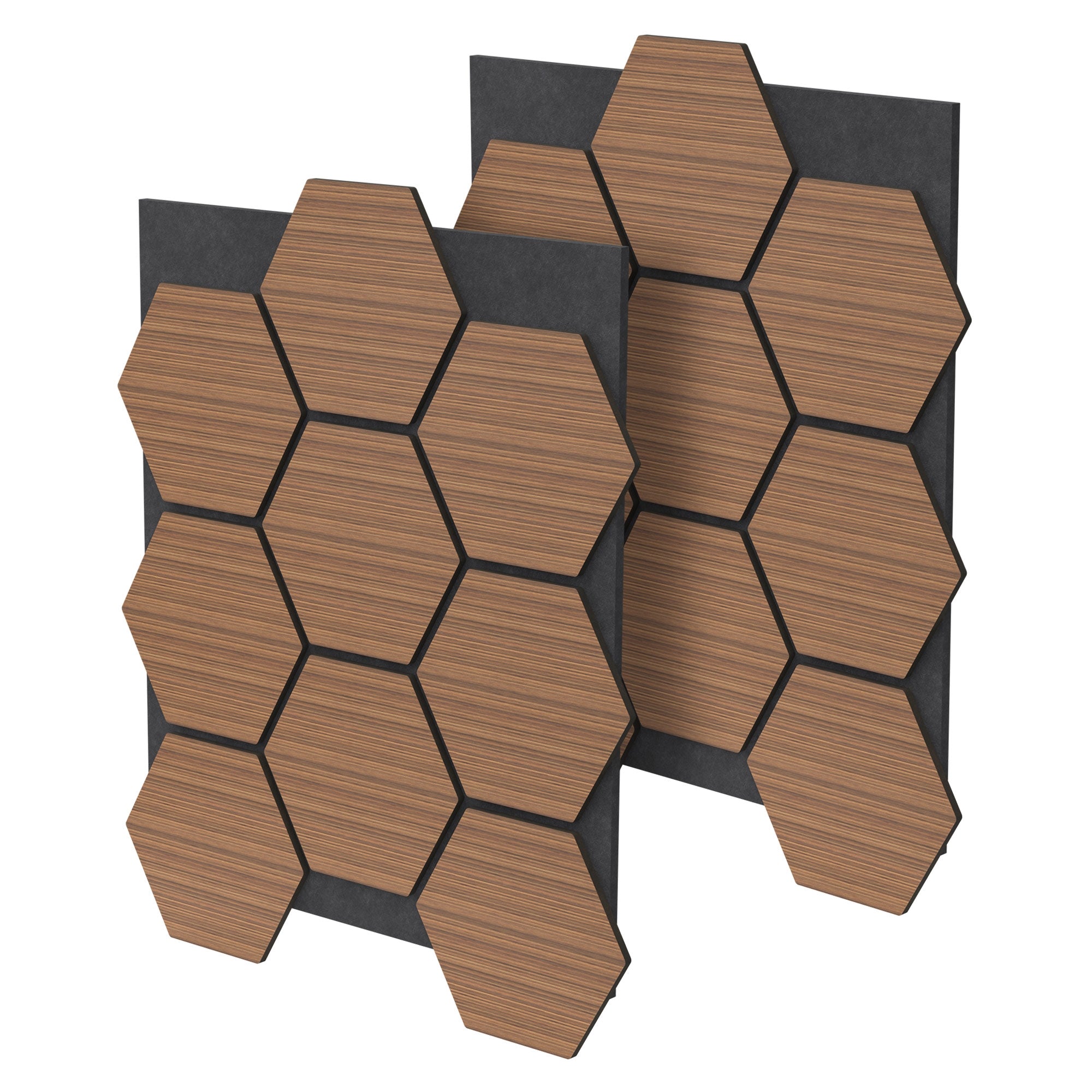 Holzpaneele in hexagonaler Form auf schwarzem Hintergrund.