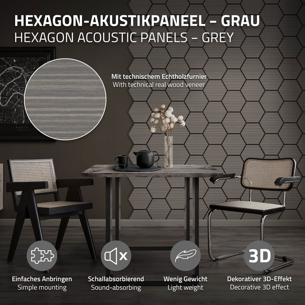 Graue Hexagon-Akustikpaneele an einer Wand, Tisch und Stühle im Raum.