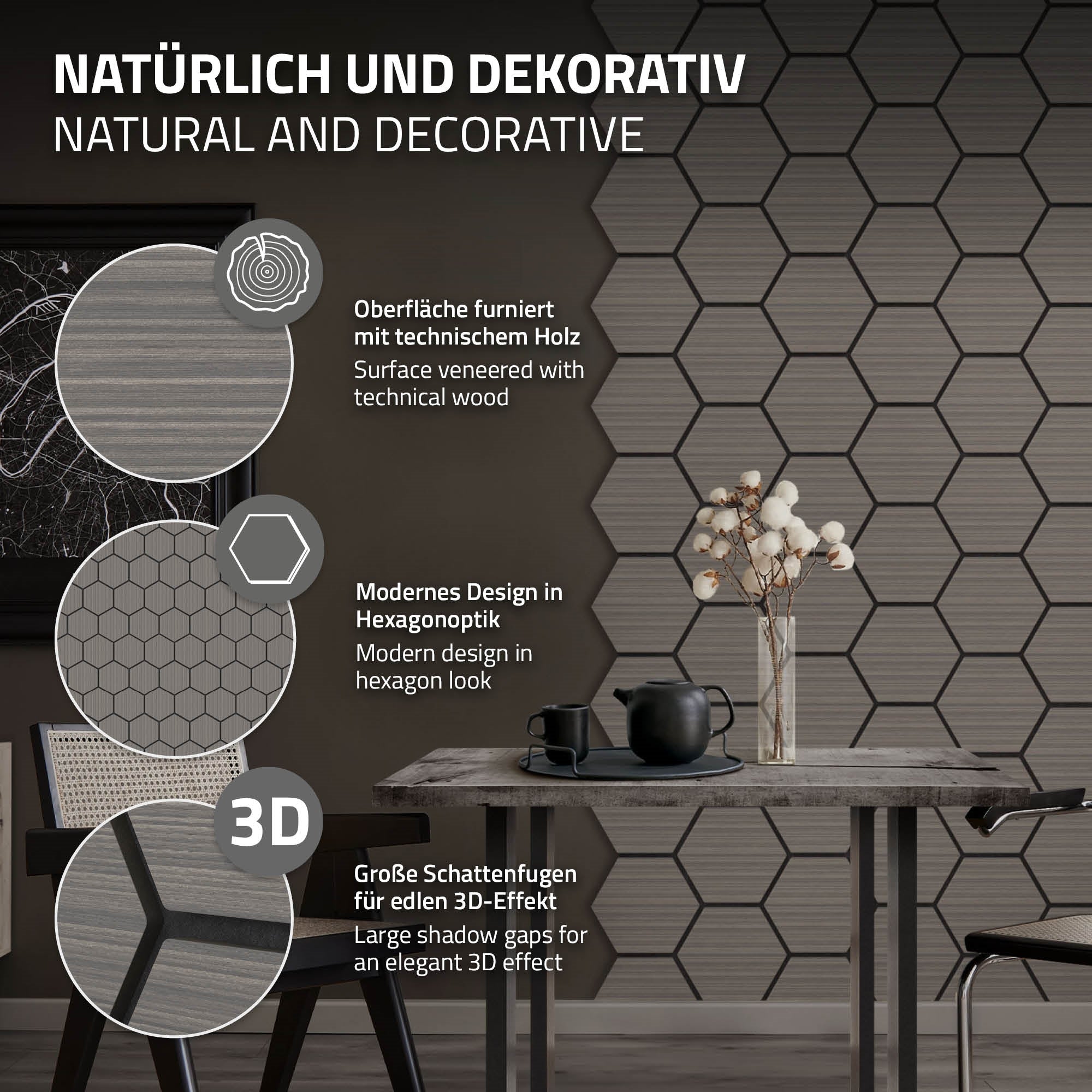 Wand mit hexagonalen Akustikpaneelen und Tisch mit Geschirr.