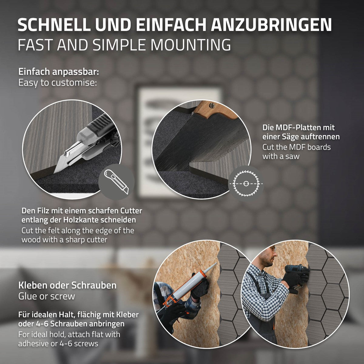 Anleitung zum Anbringen von MDF-Platten mit Werkzeugen.