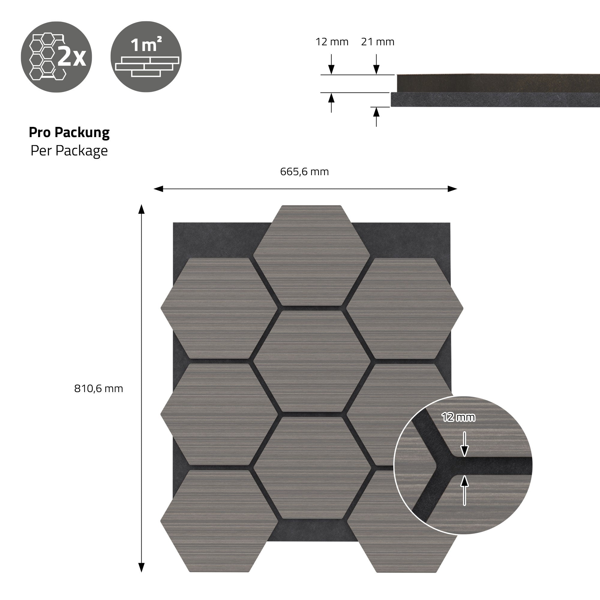Grafik mit Abmessungen und Details zu Fliesen in hexagonaler Form.