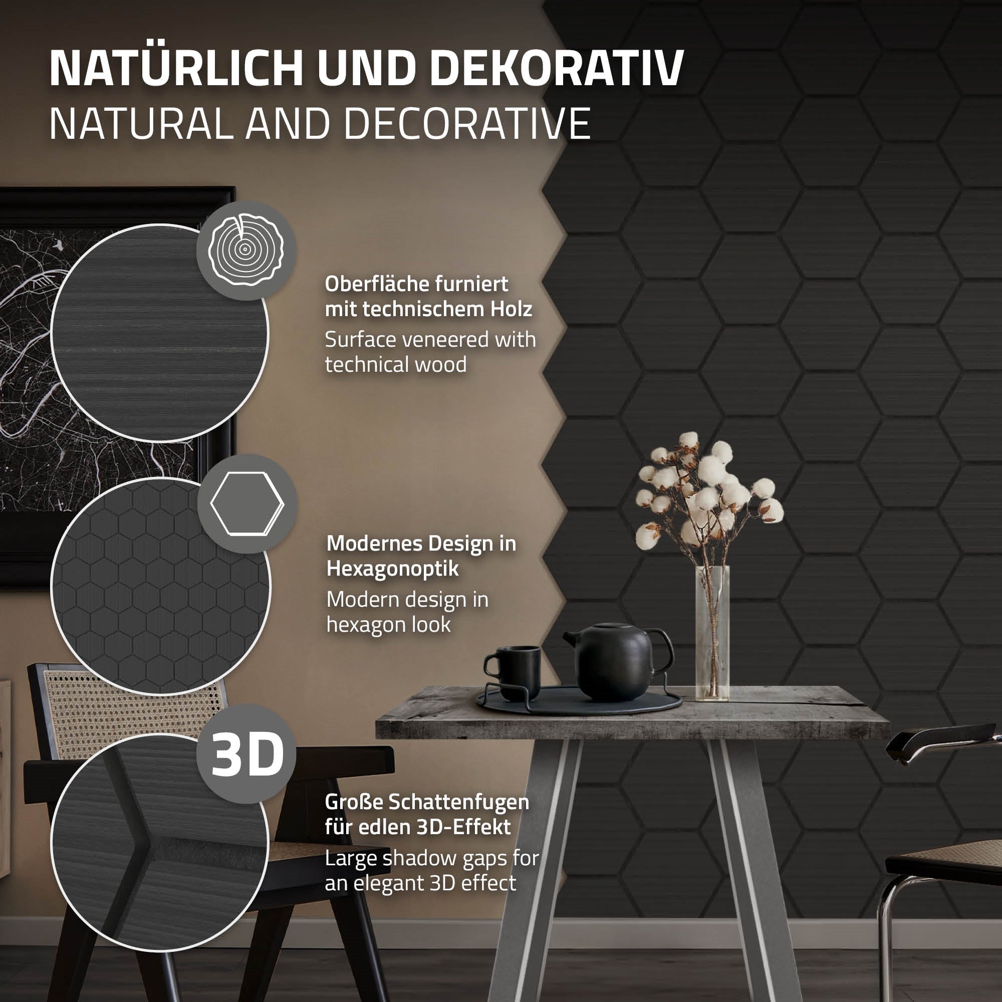 Tisch mit hexagonalen Fliesen und dekorativen Elementen.