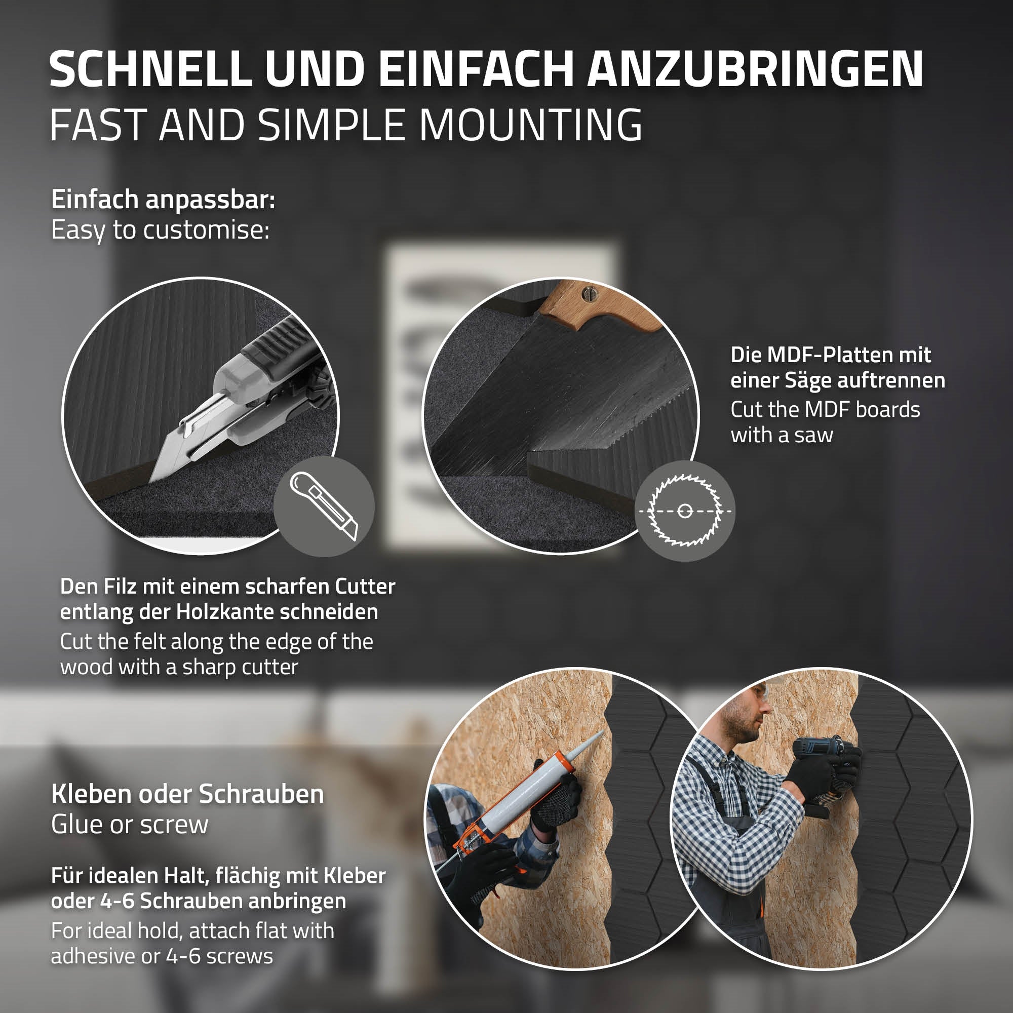 Anleitung zum Anbringen von MDF-Platten mit Cutter und Schrauben.