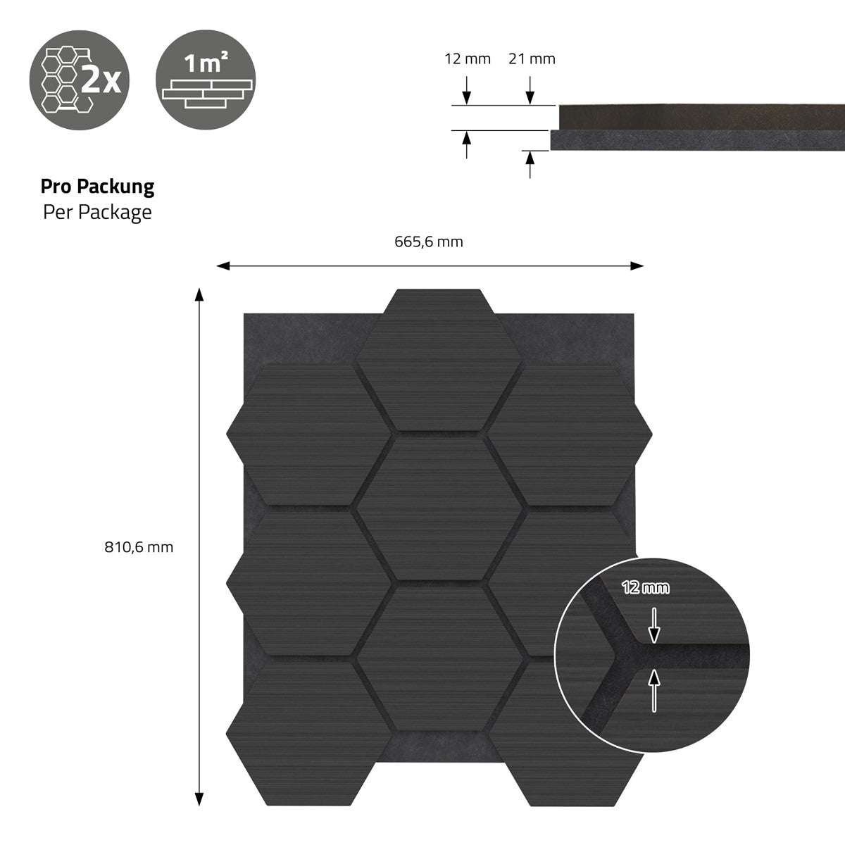 Grafik mit hexagonalen Platten, Maßen und Verpackungsinformationen.