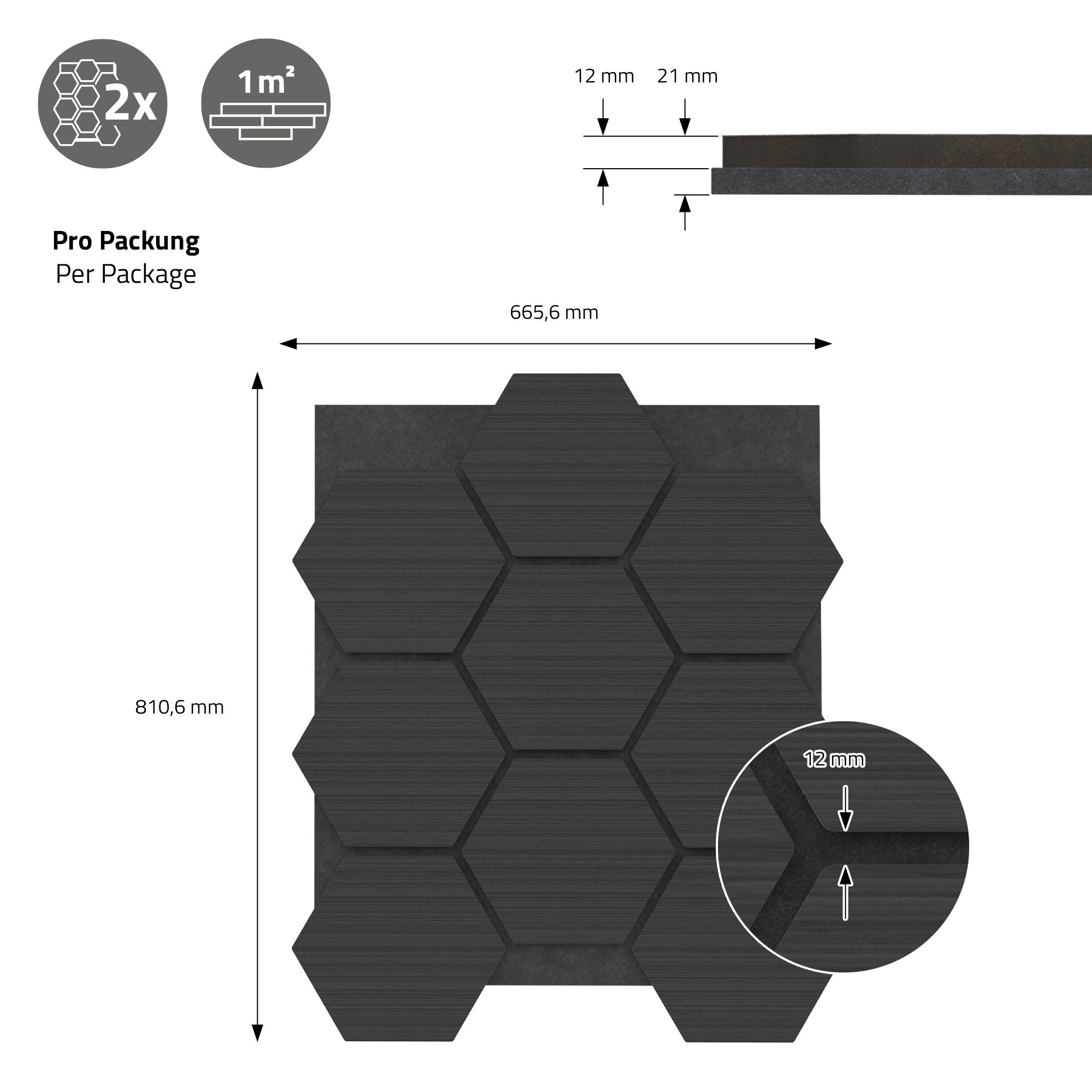 Grafik mit hexagonalen Platten, Maßen und Verpackungsinformationen.