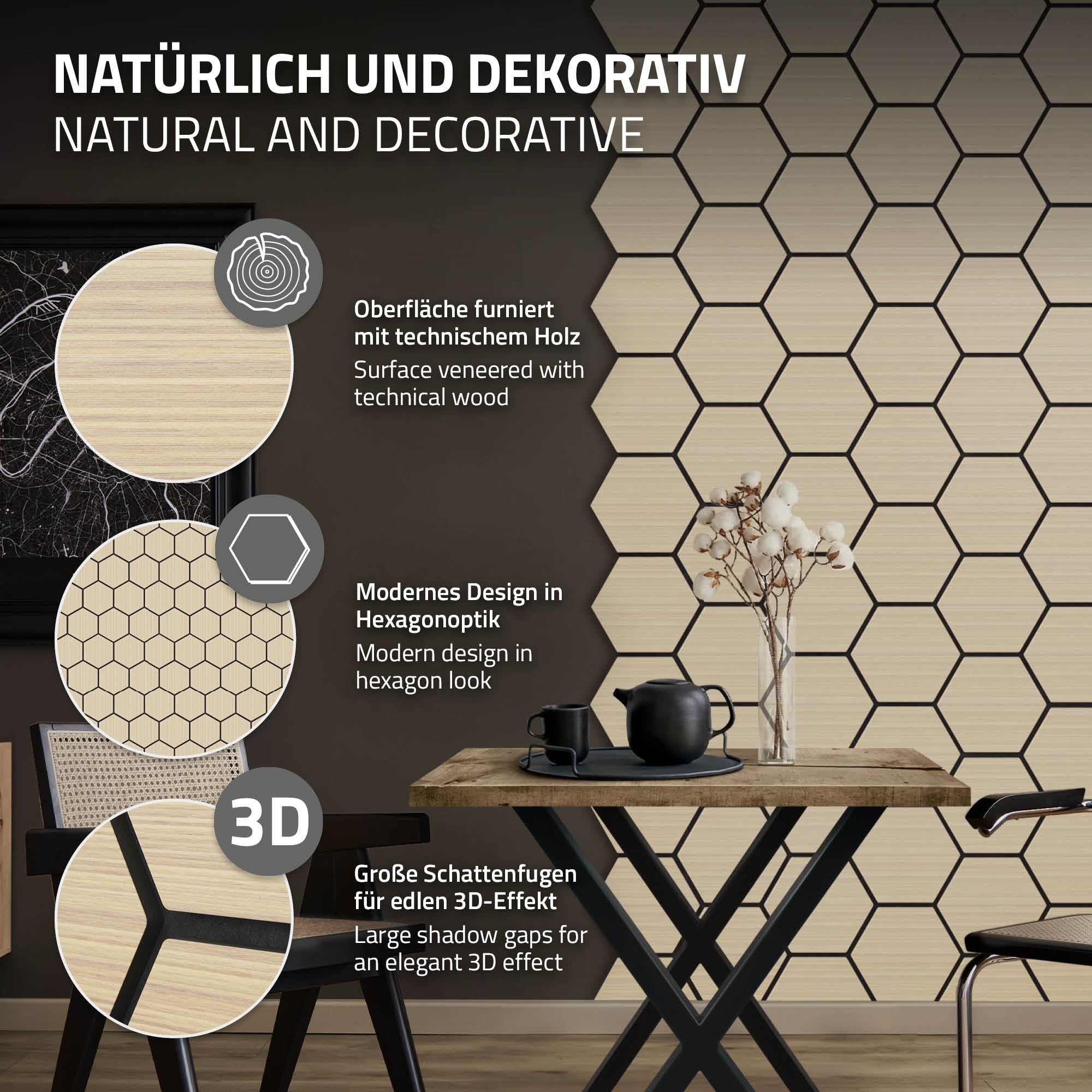 Stůl s hexagonálními vzory a dekorativními prvky.