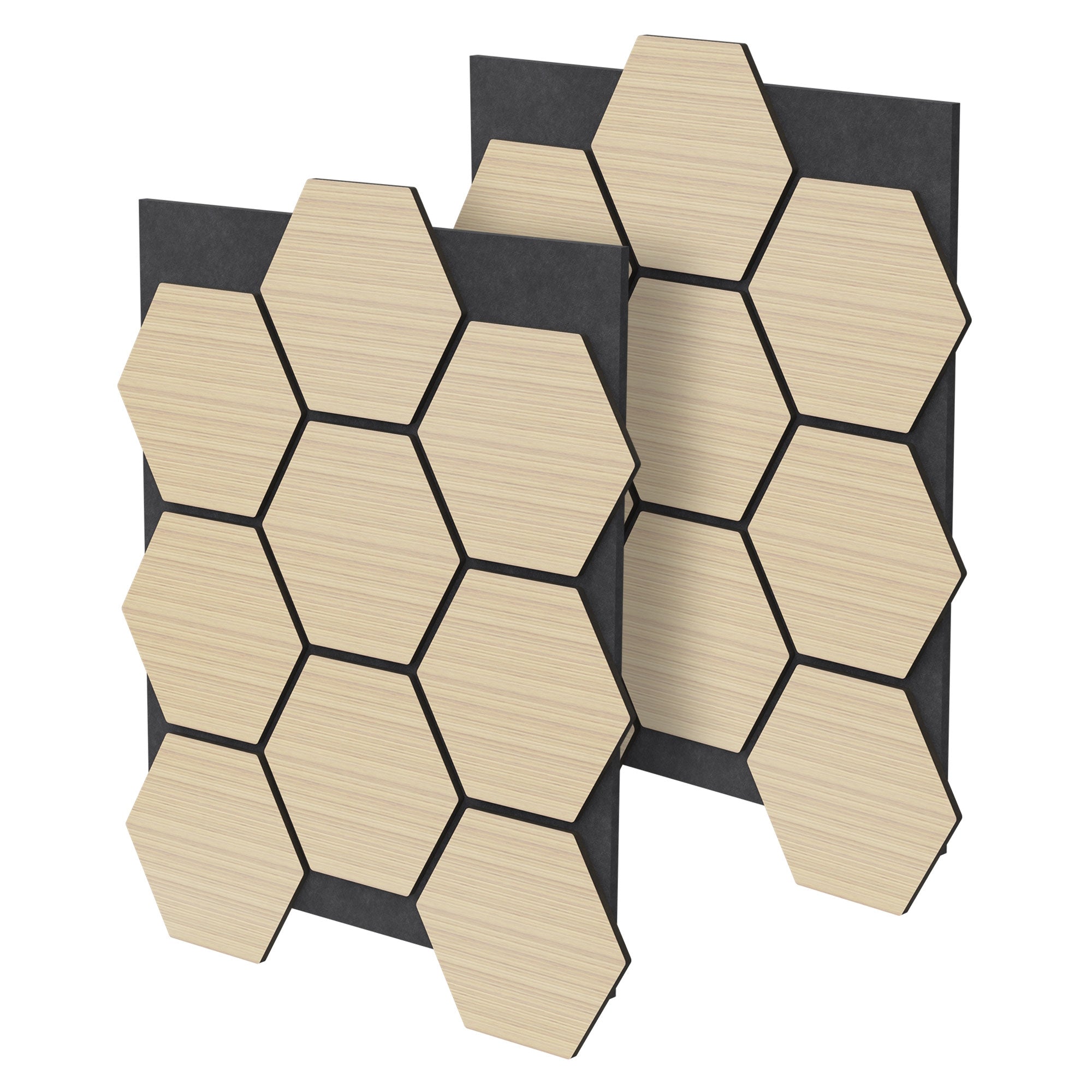 Zwei Wandpaneele in Wabenform aus technischem Holz.
