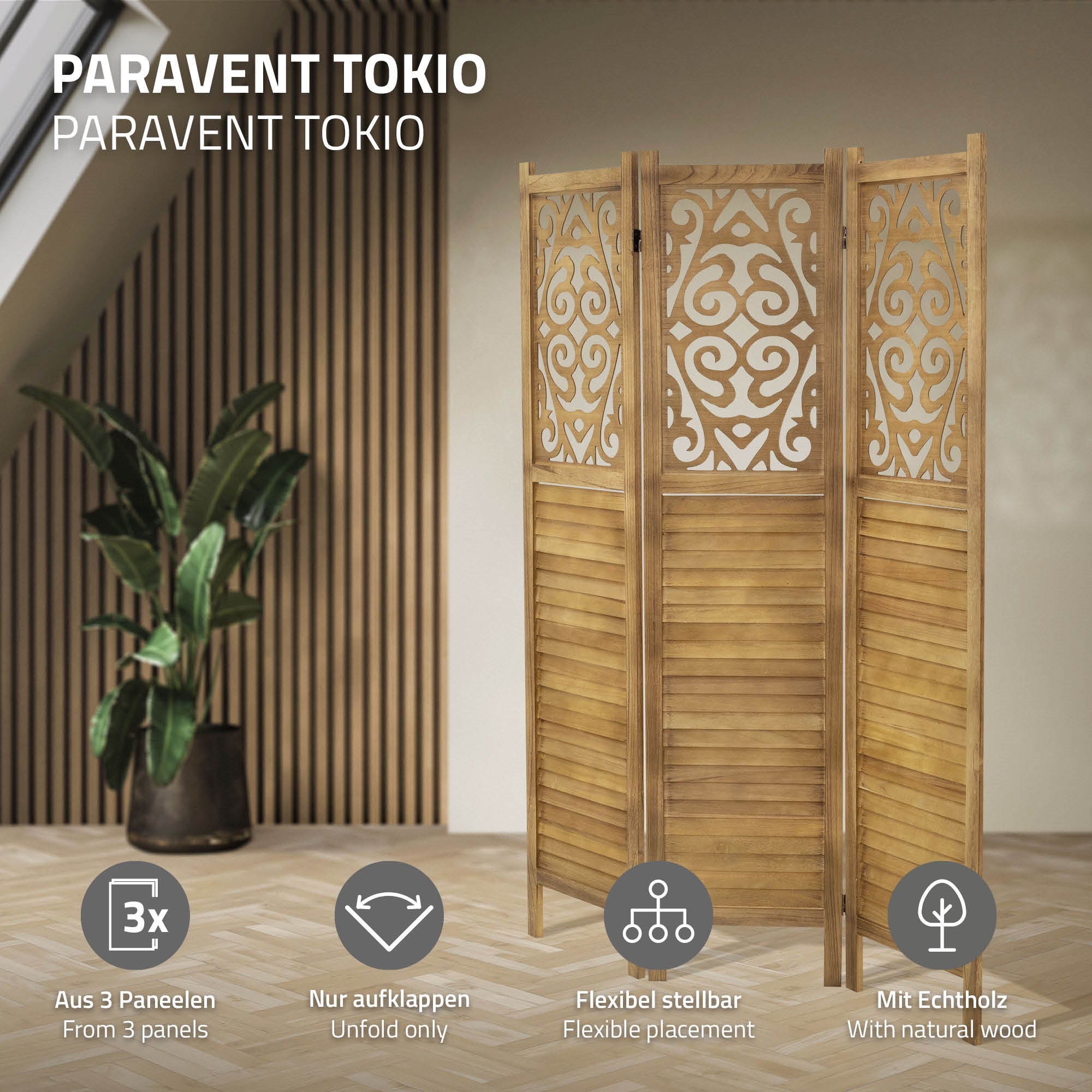Raumteiler Paravent Tokio aus drei Paneelen mit geschwungenem Design.