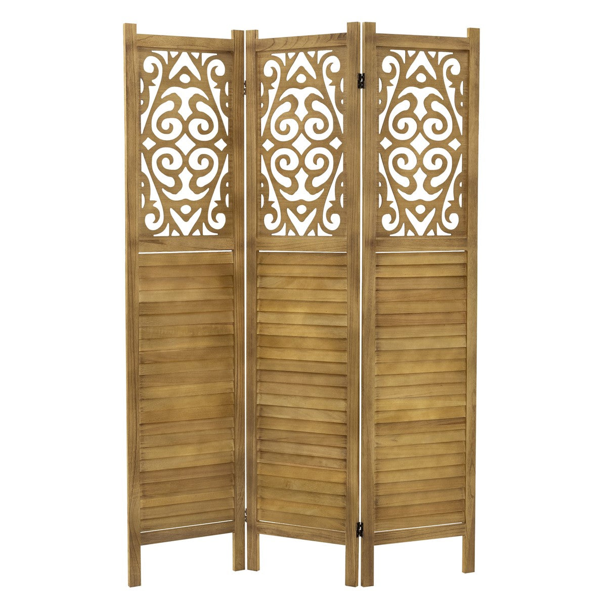 Wooden room divider with a curved design in three sections.