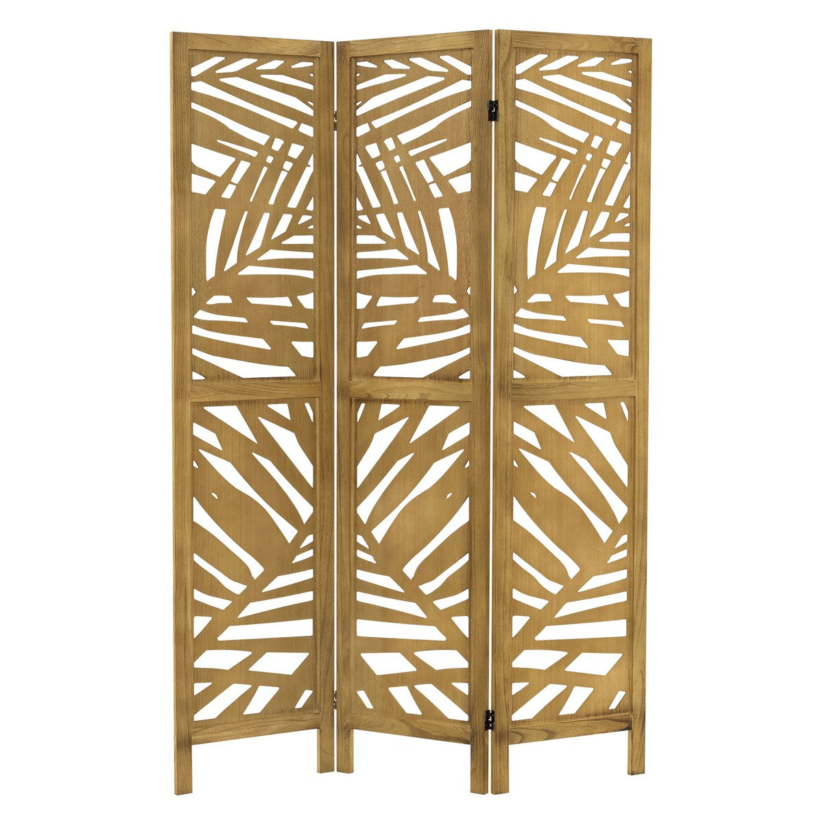 A wooden room divider with a leaf pattern on a light-colored floor.