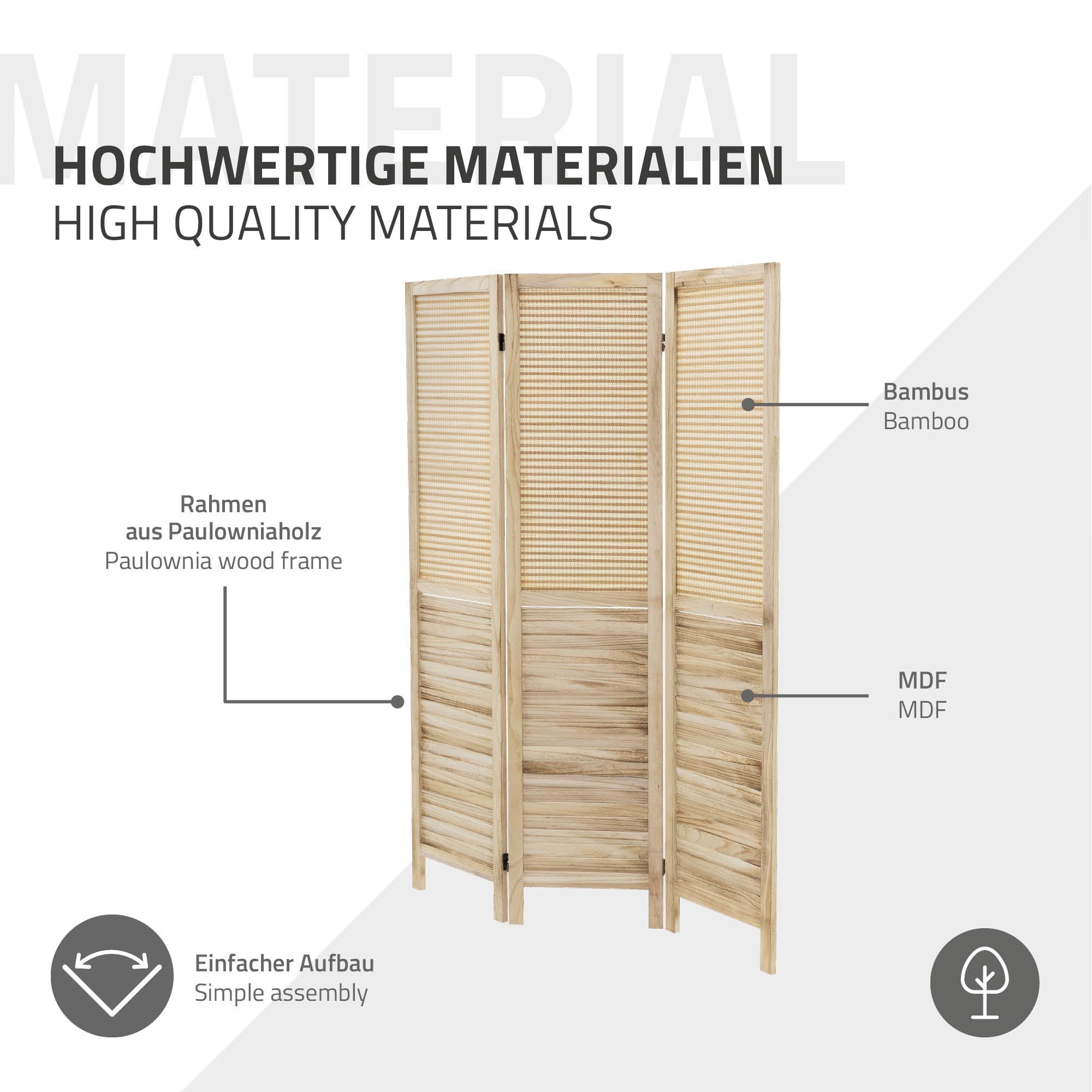 Raumteiler aus Paulowniaholz mit horizontalen Lamellen, einfacher Aufbau.