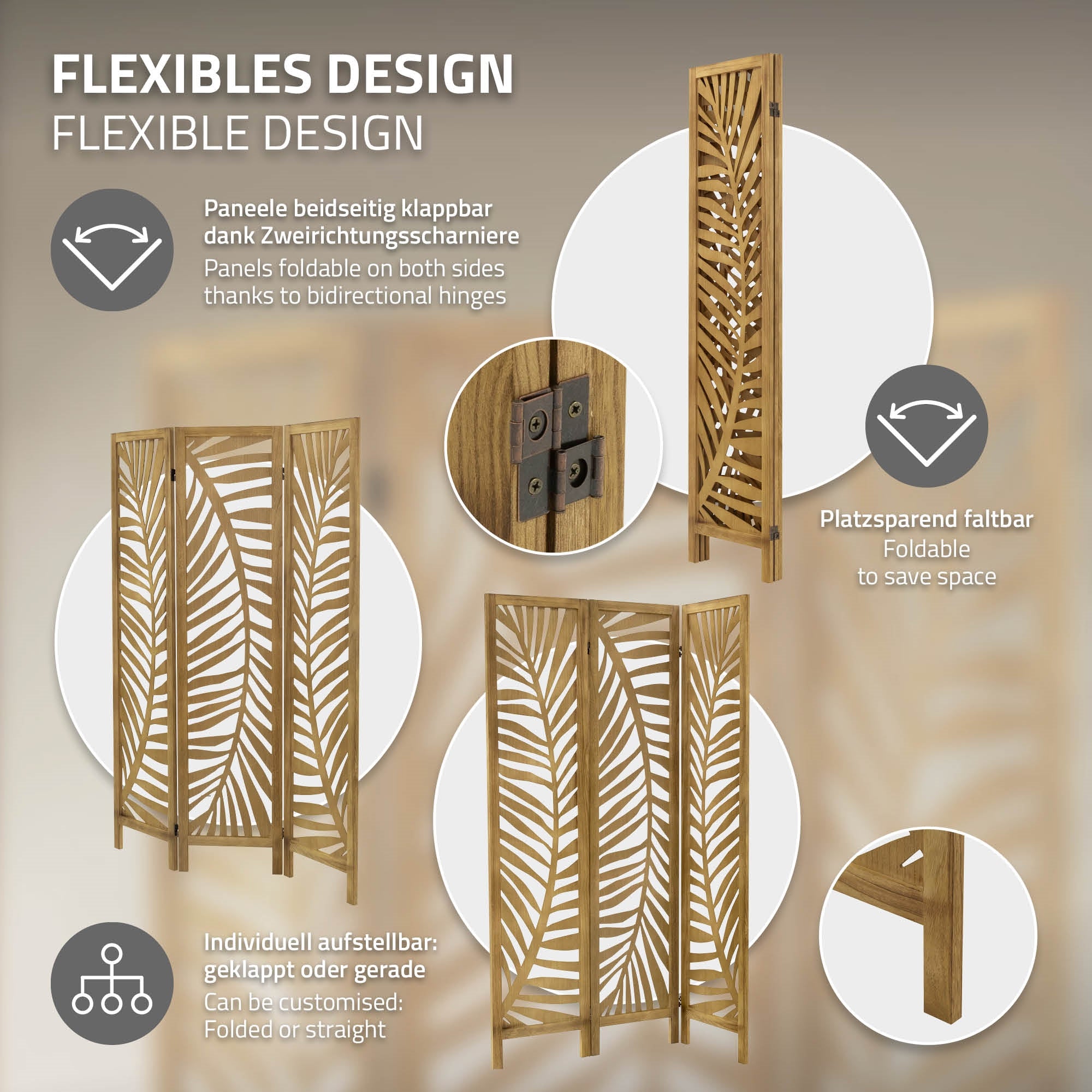 Ein flexibler Raumteiler mit zwei Designs und Klappmechanismus.