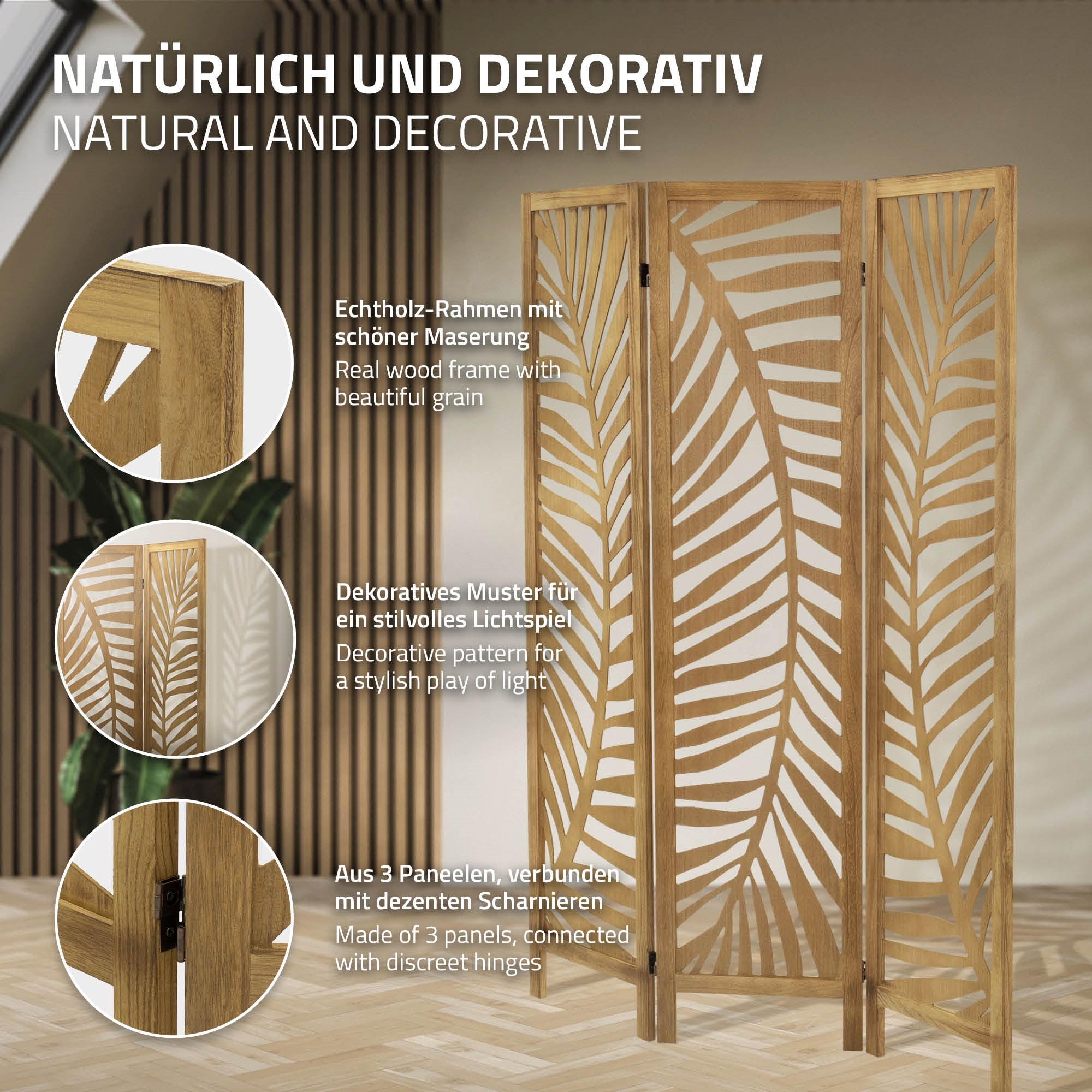 Ein Raumteiler aus Holz mit einem dekorativen Muster, bestehend aus drei Paneelen.