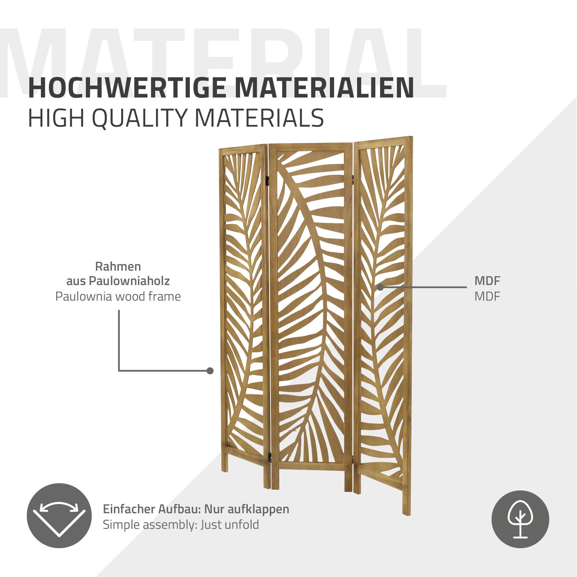 Raumteiler aus Paulowniaholz mit einem modernen, natürlichen Design.
