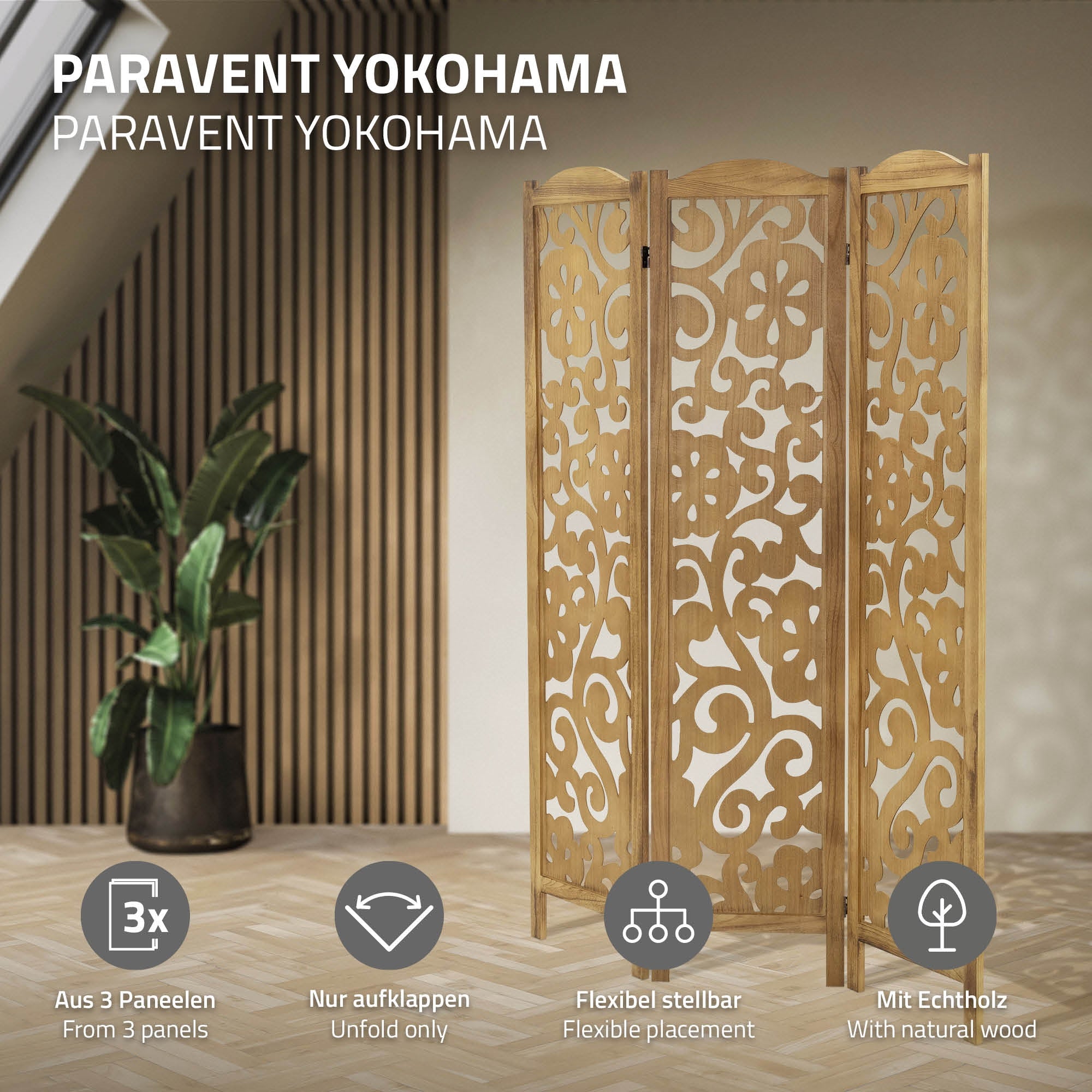Paravent Yokohama aus drei Paneelen, flexibel aufstellbar, aus Echtholz.
