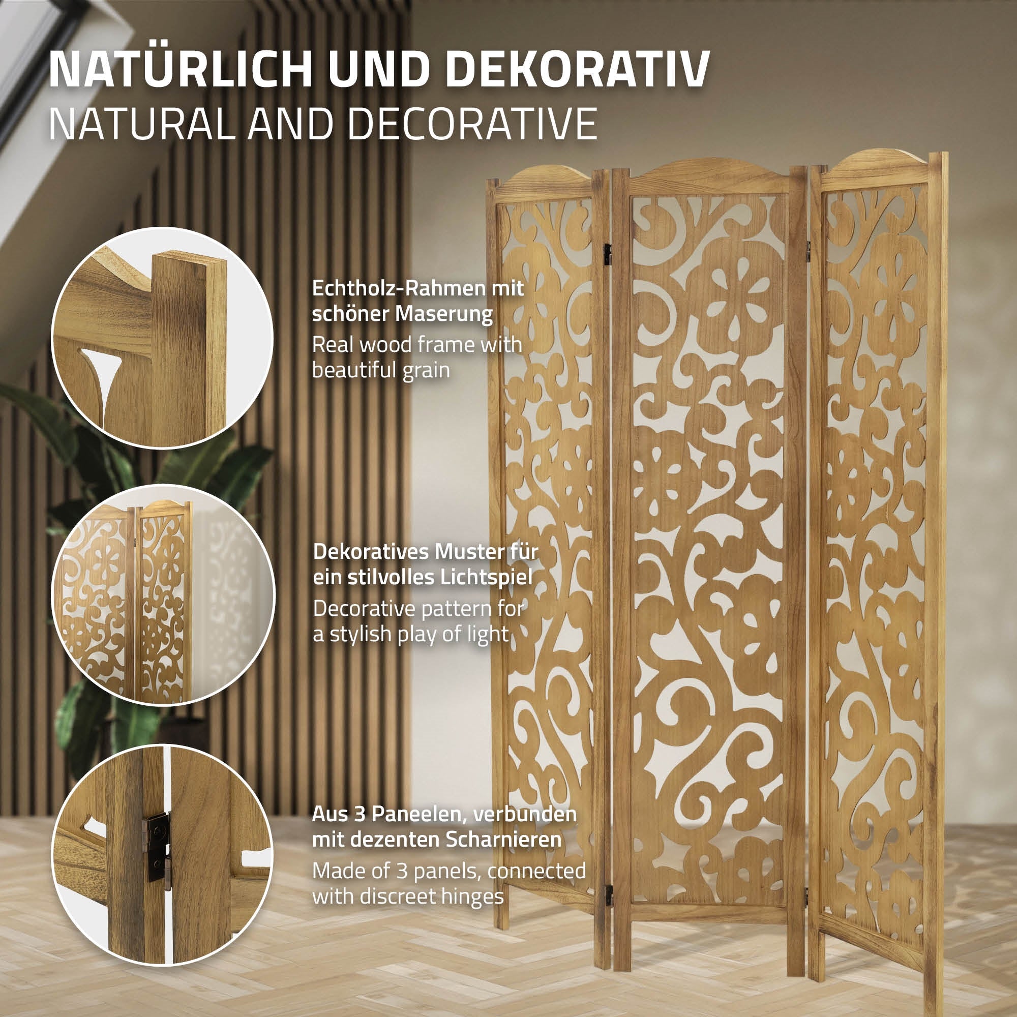Raumteiler aus Holz mit dekorativem Muster und drei Paneelen.