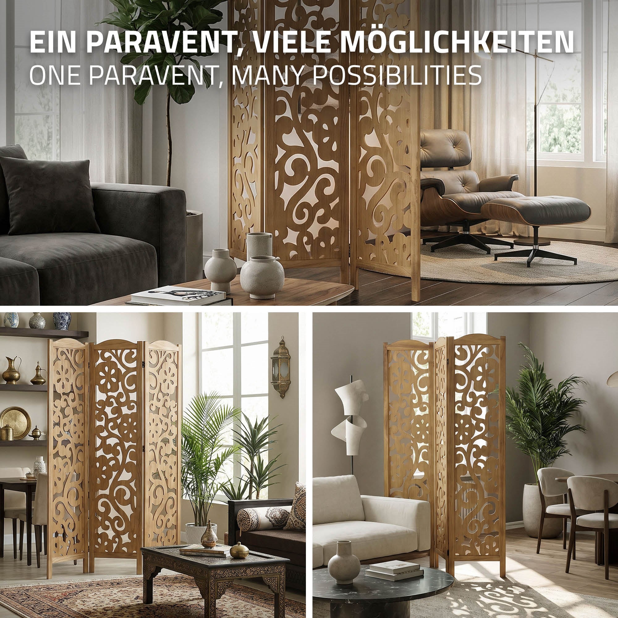 Ein Paravent mit dekorativen Mustern in einem stilvollen Wohnraum.