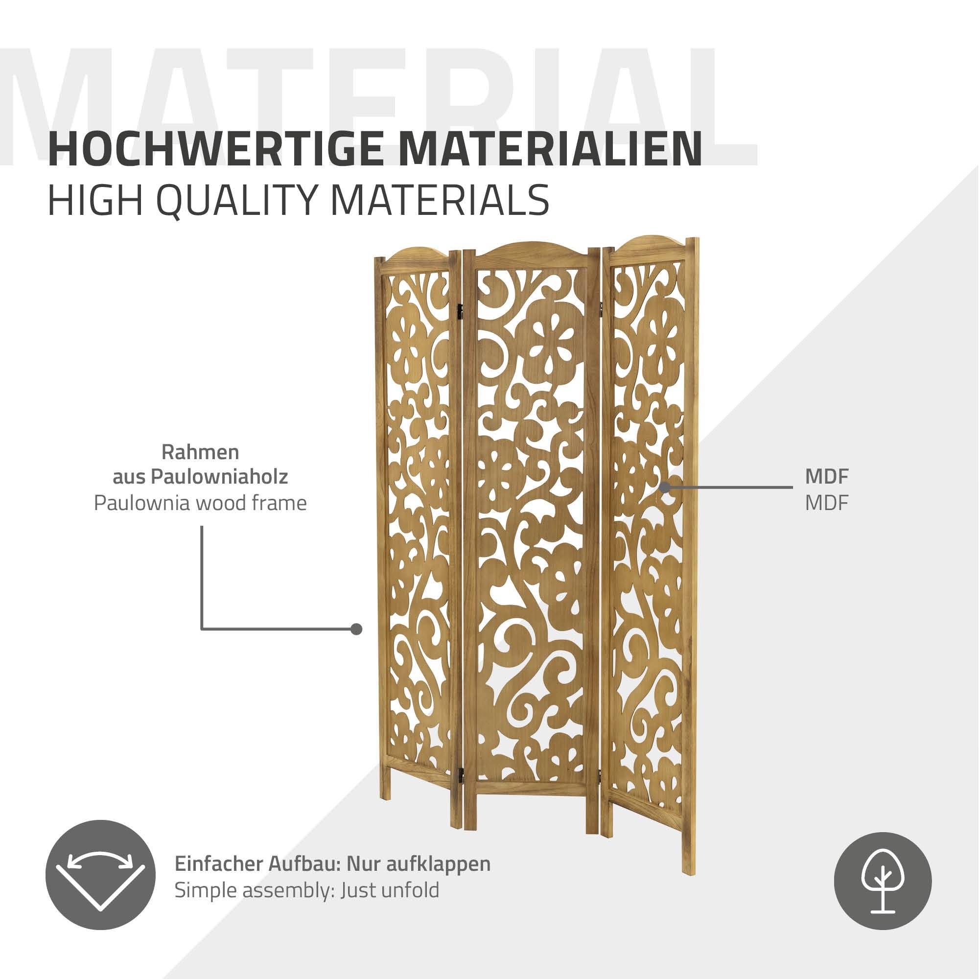 Ein Raumteiler aus Holz mit dekorativem Muster und Informationen zu Materialien.