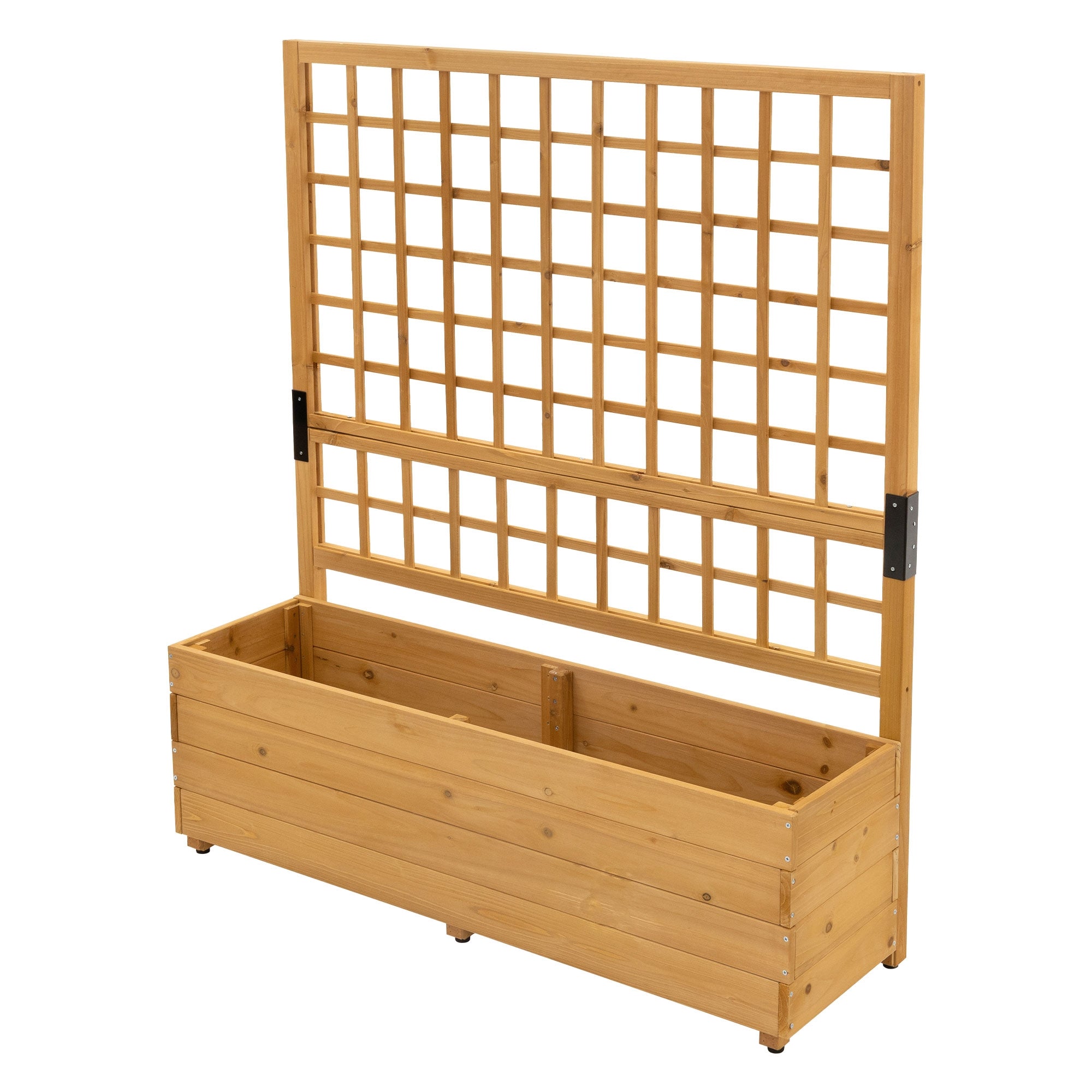Dřevěný květinový box s popínacím mřížím a dvěma přihrádkami.