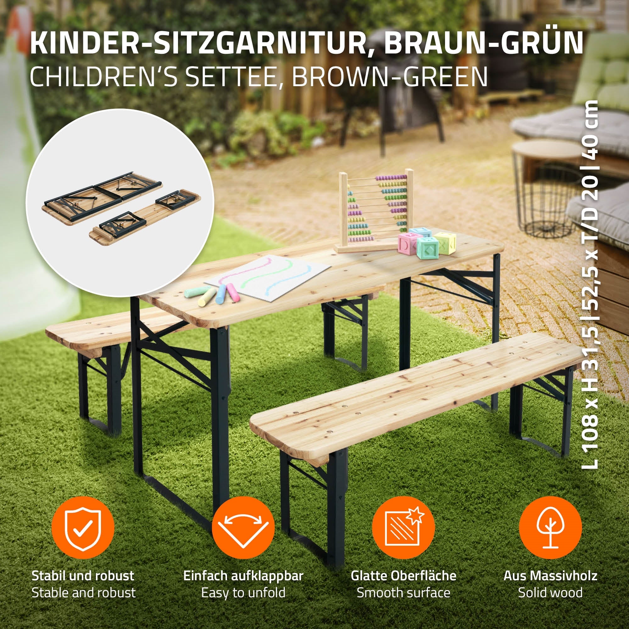 Kindersitzgarnitur in Braun-Grün mit Tisch und zwei Bänken im Freien.