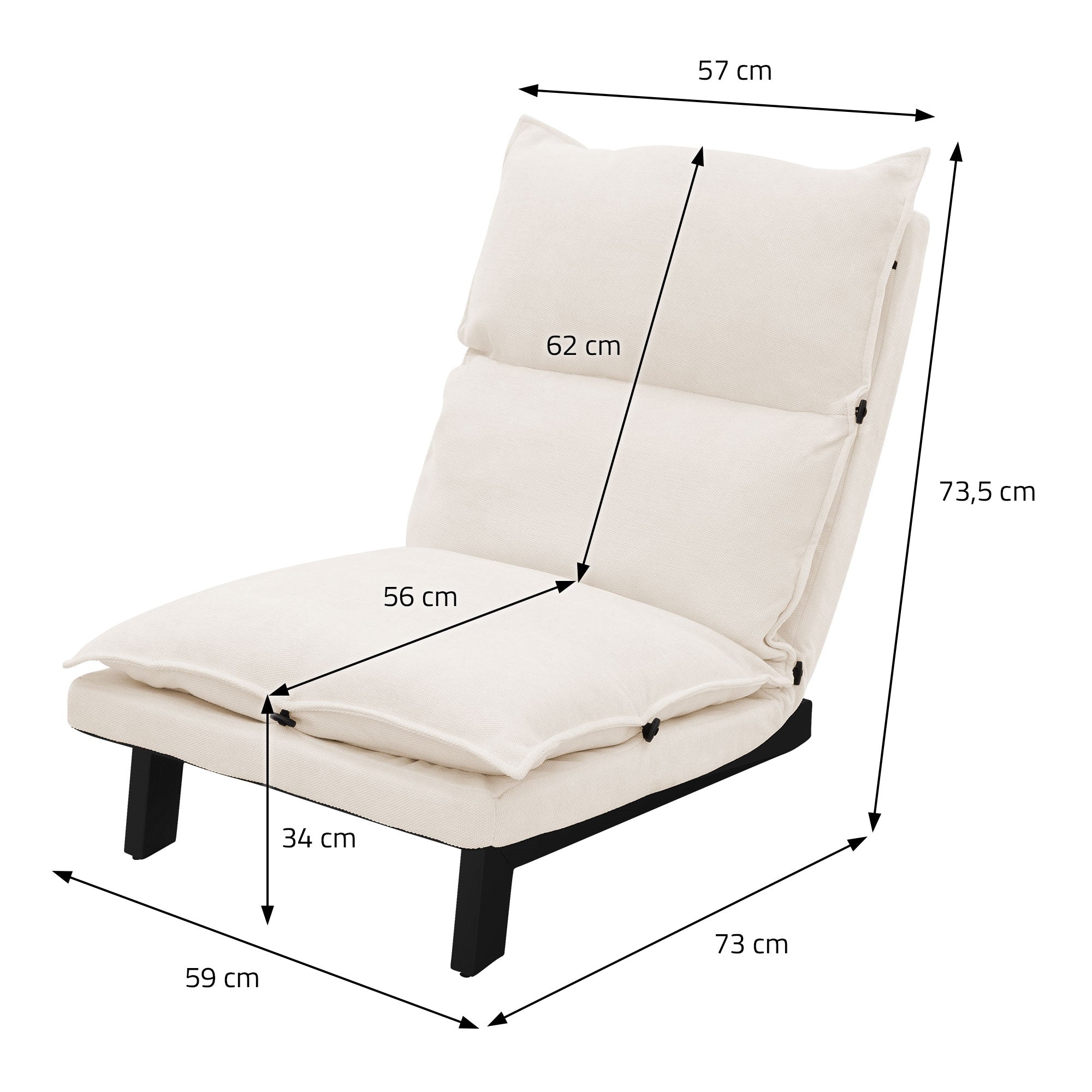 Un sillón blanco con medidas: altura 73,5 cm, ancho 73 cm, profundidad 57 cm.