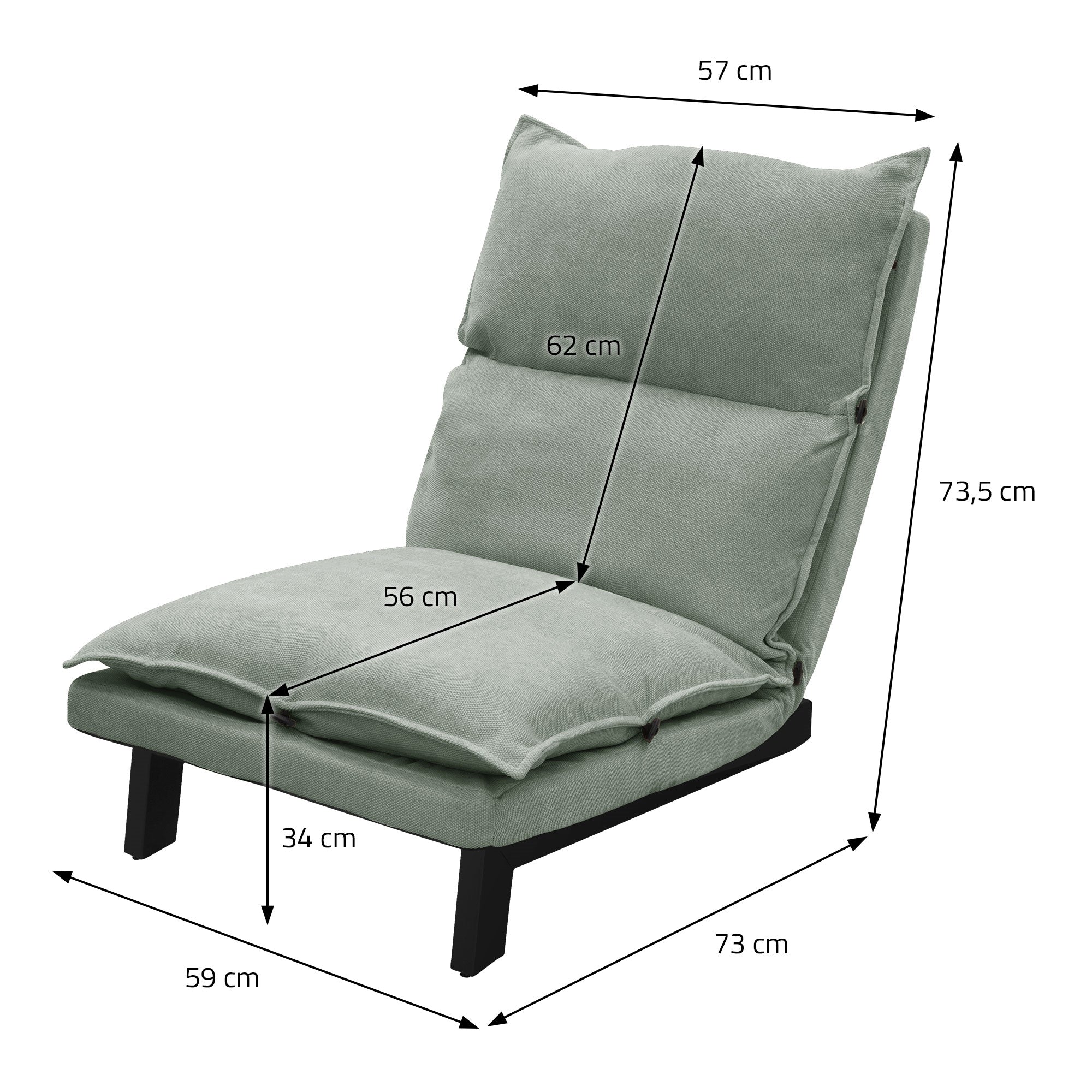 Sillón con medidas: 57 cm de ancho, 73,5 cm de alto.
