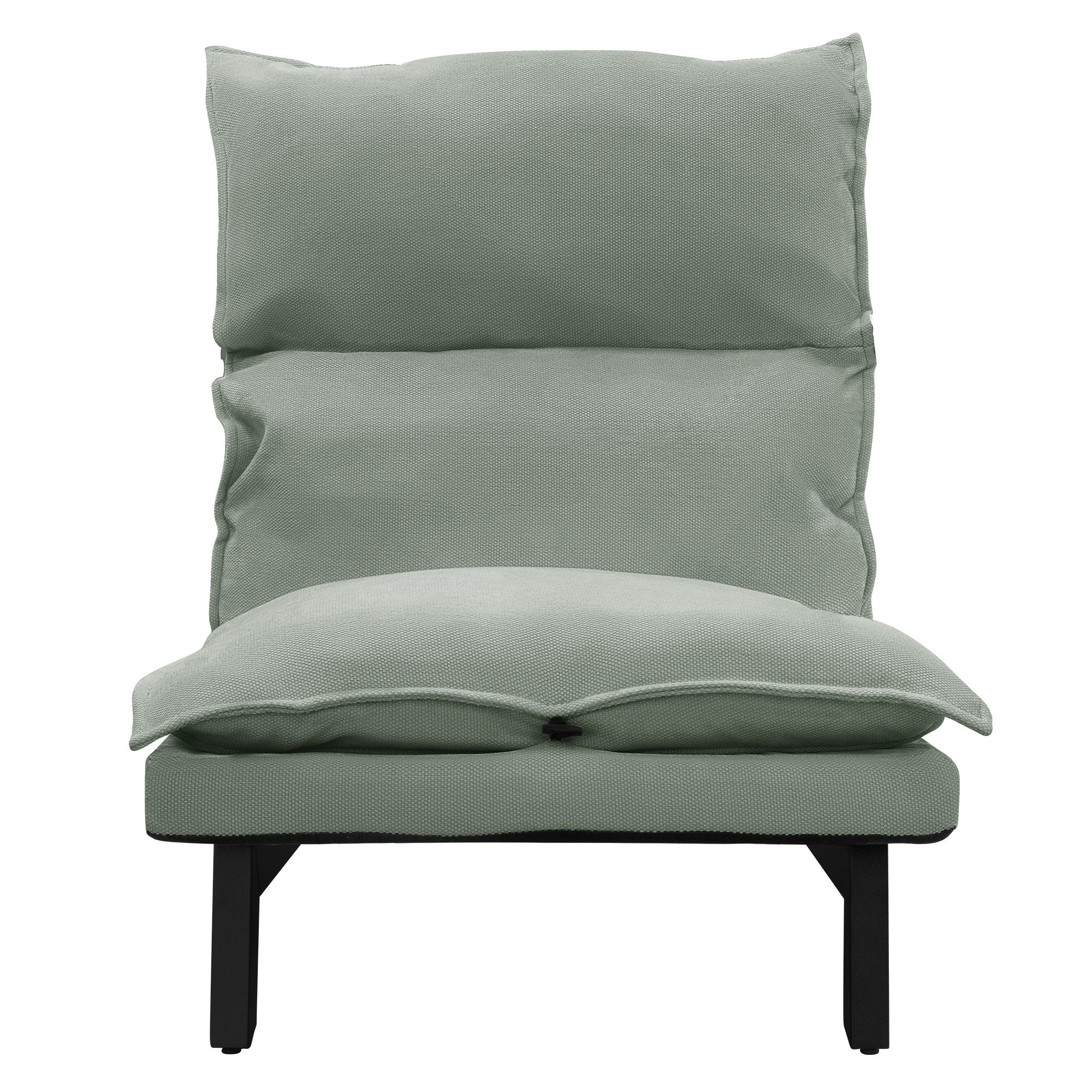 Vorderansicht eines hellgrünen Sofas mit zwei Kissen.