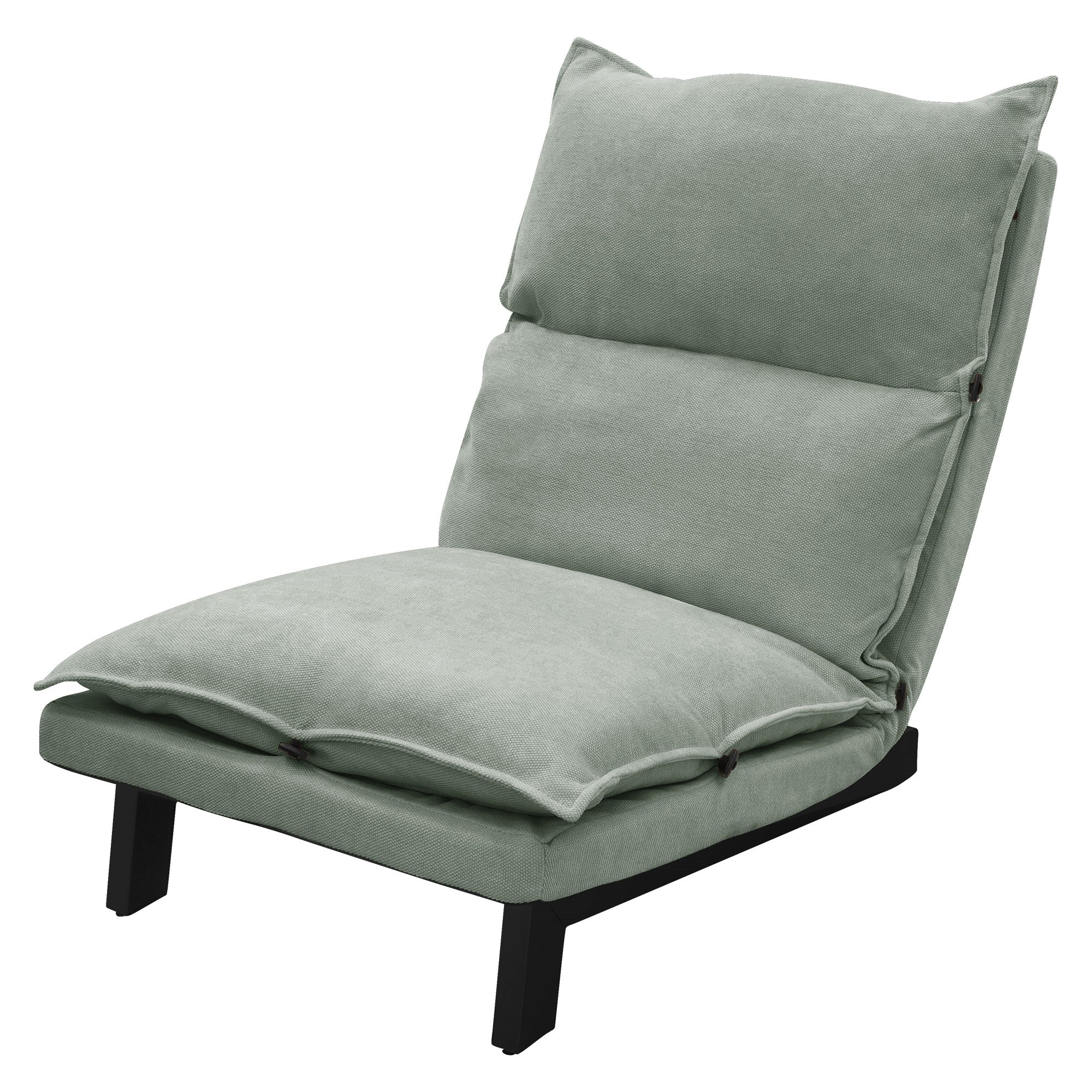 Ein mintgrüner Sessel mit zwei großen Kissen in aufrechter Position.