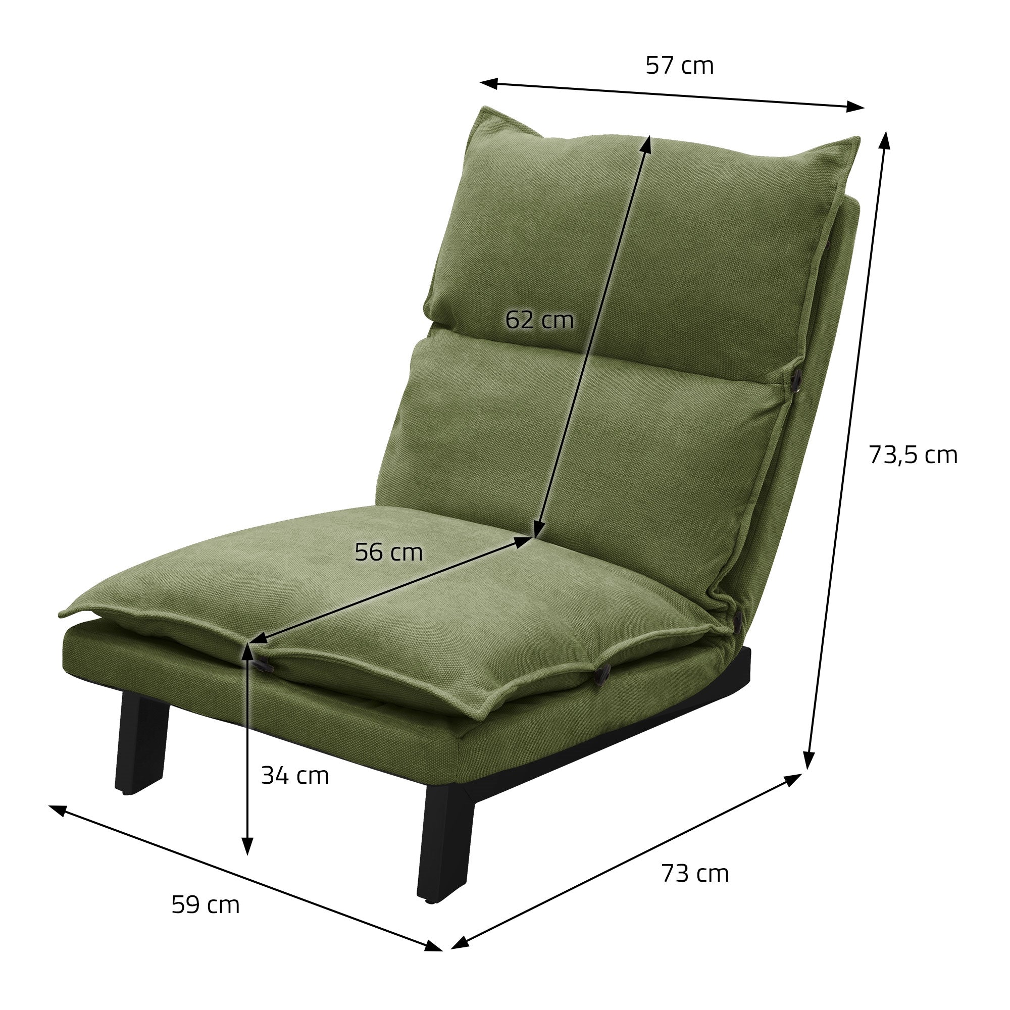 Un sillón verde con medidas en centímetros.