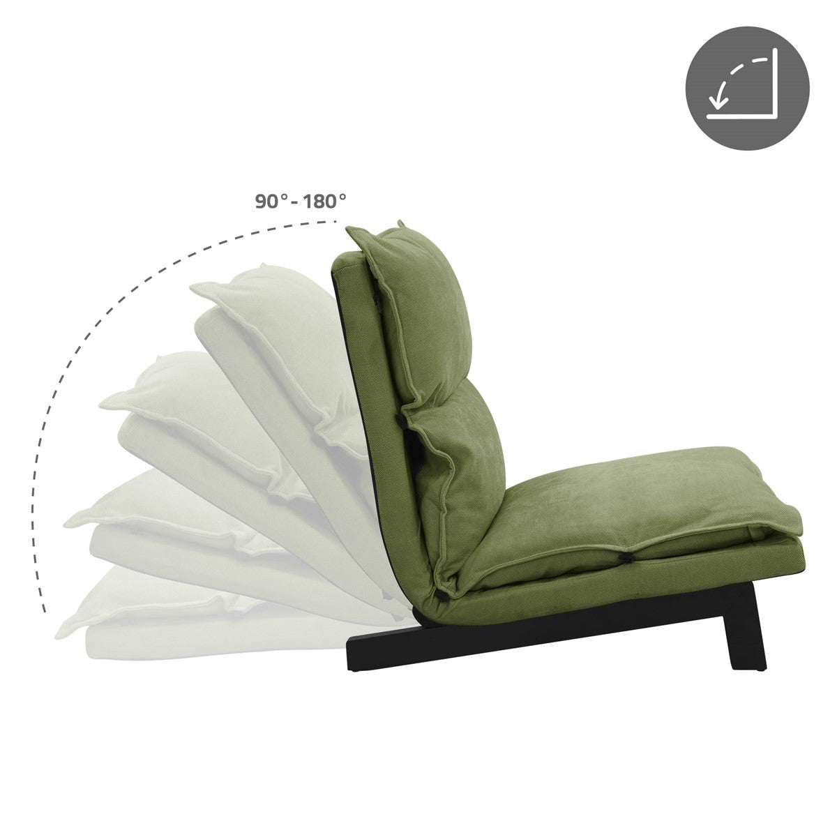 Sofa med justerbar ryglænsmekanisme i grøn.