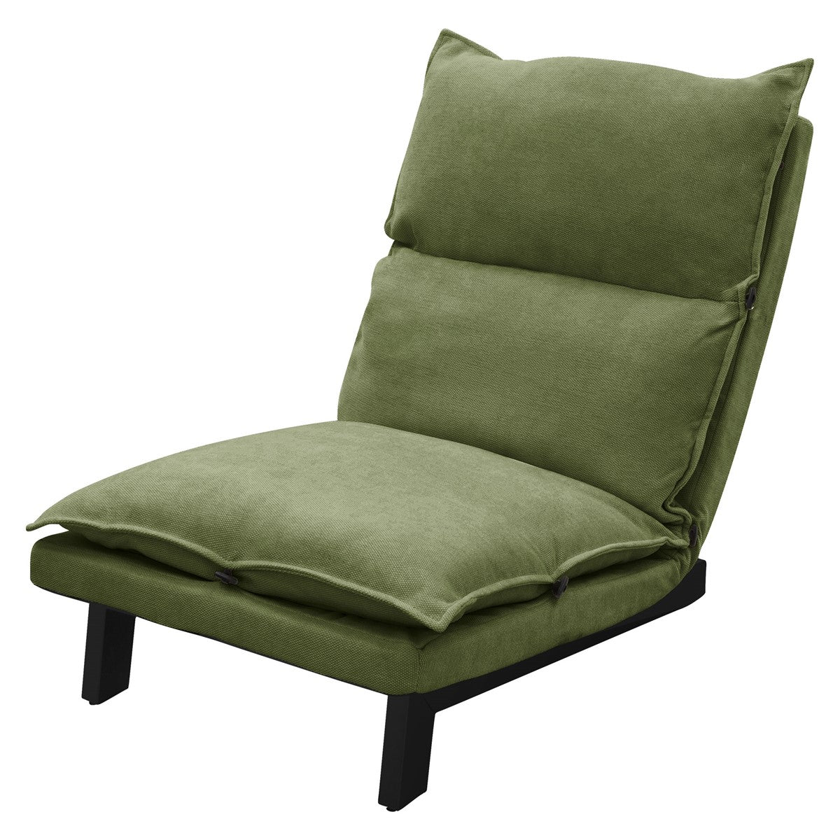 Green armchair with two cushions and a black frame.