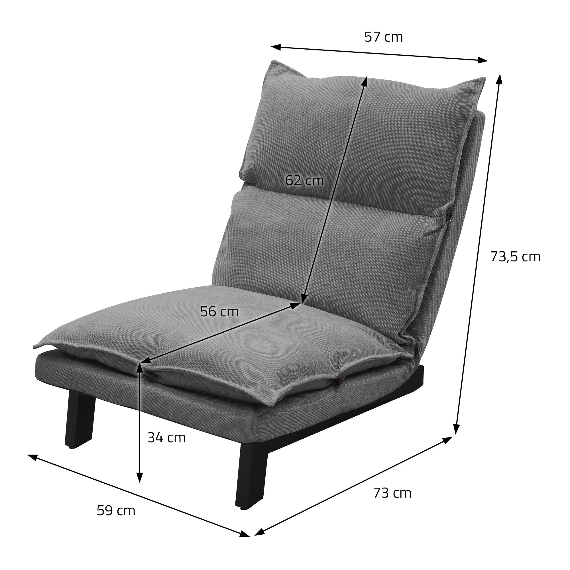 Sillón gris con medidas: 57 cm de ancho, 73,5 cm de alto, 73 cm de profundidad.