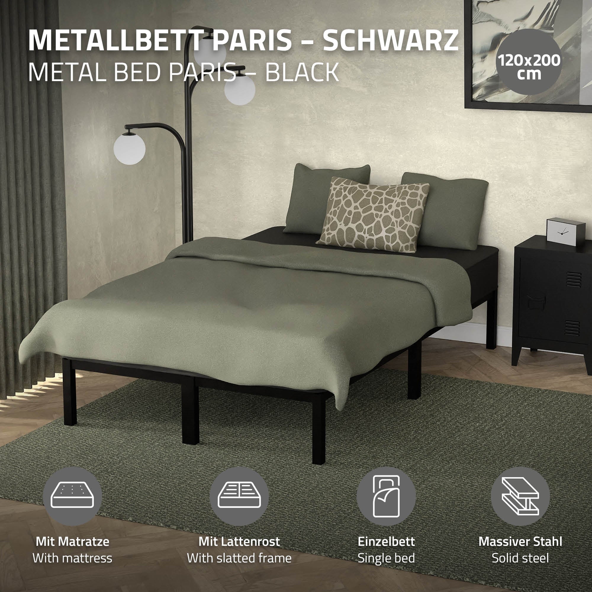 Schwarzes Einzelbett mit Matratze und Kissen in modernem Raum.