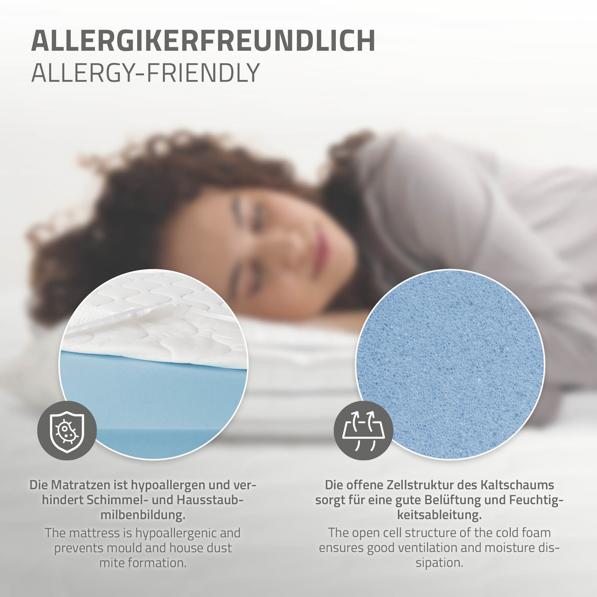 Eine schlafende Person auf einer Matratze, umgeben von allergikerfreundlichen Materialien.