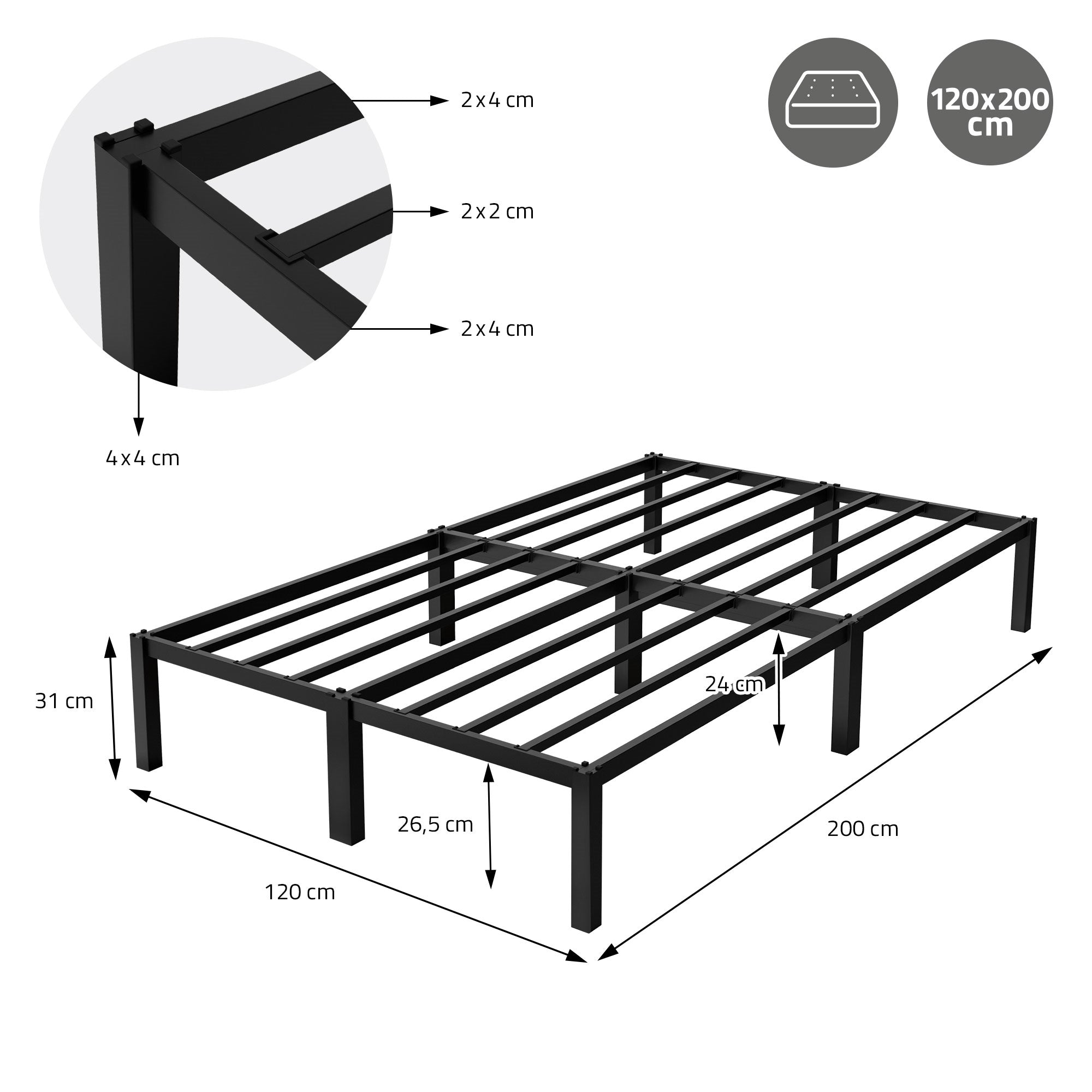 Černý rám postele s rozměry 120x200 cm a stabilními kovovými pruty.