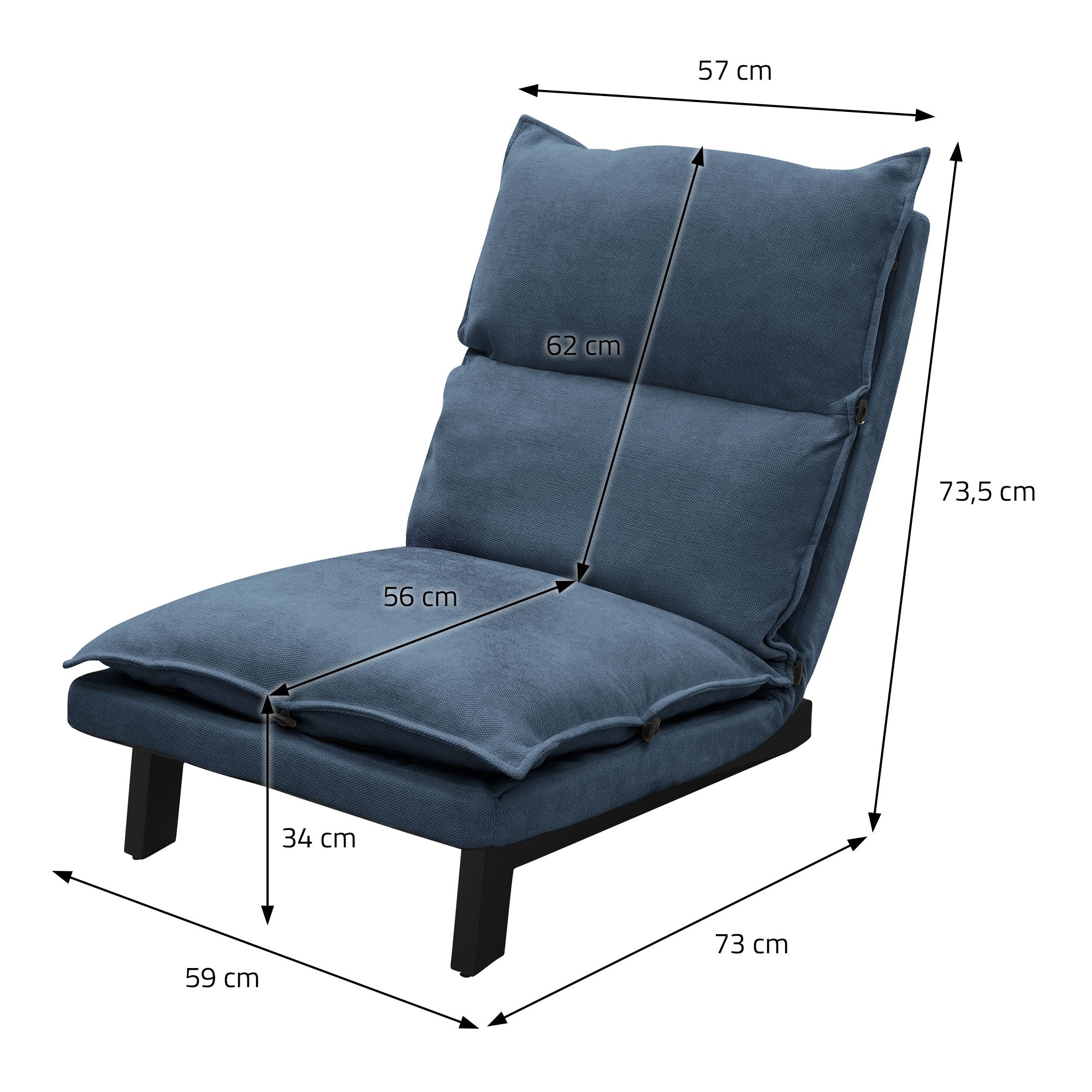 Sillón azul con medidas: 57 cm de ancho, 73,5 cm de alto, 73 cm de profundidad.