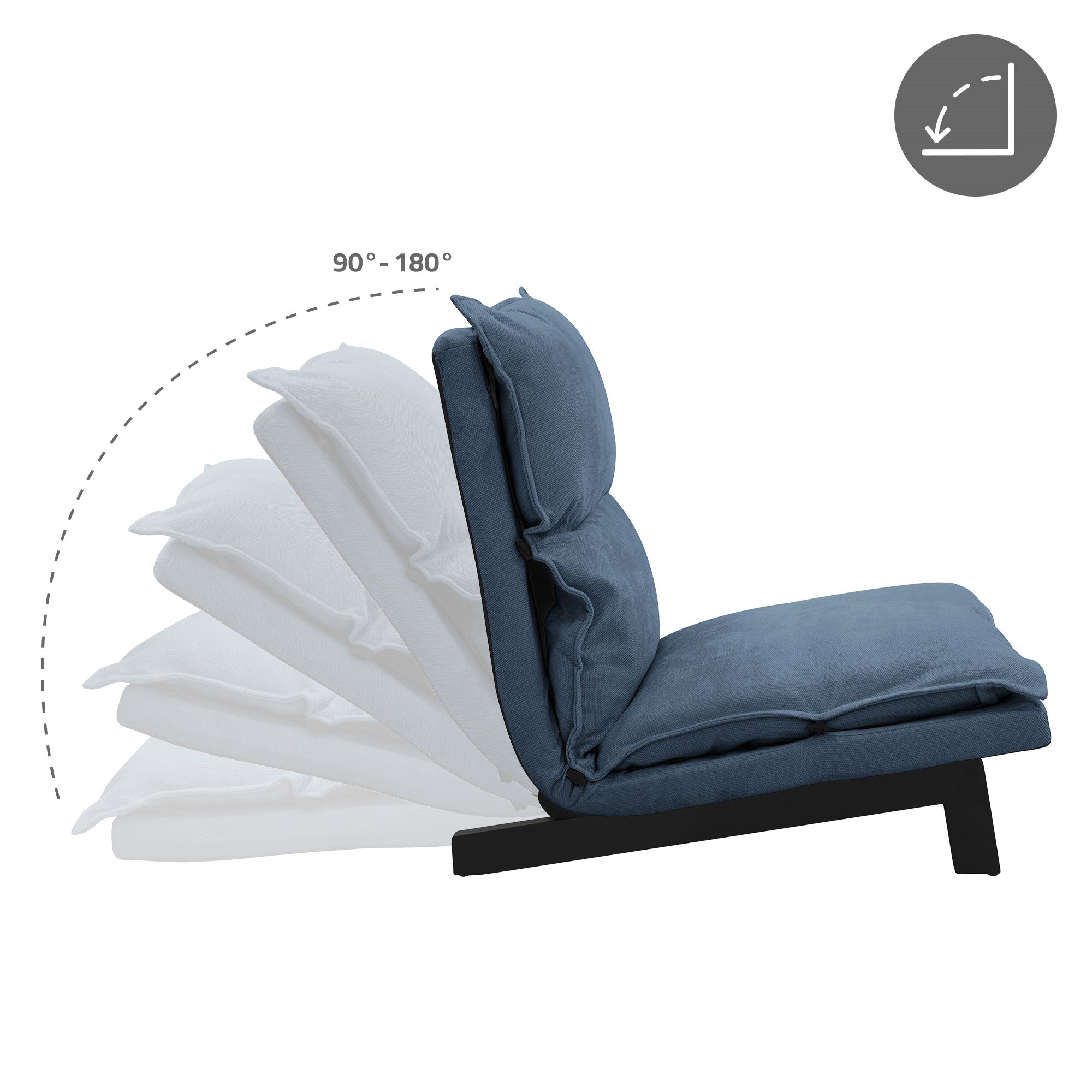 Sillón ajustable en azul con varios cojines.