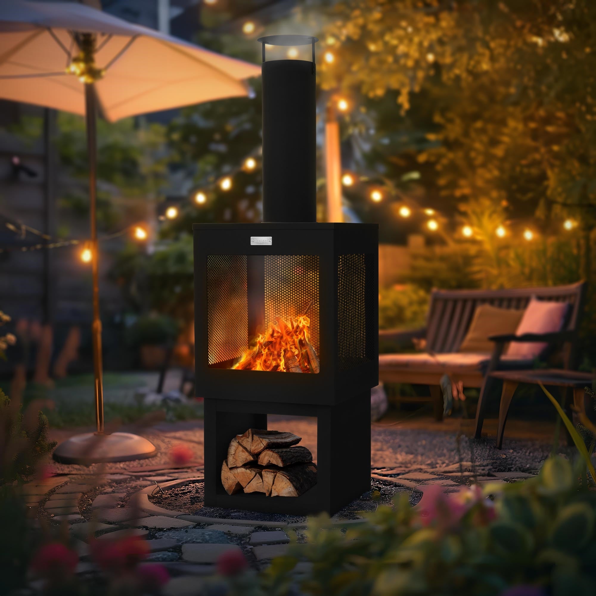 Ein schwarzer Gartenkamin mit Feuer, umgeben von Pflanzen und einer Liege.