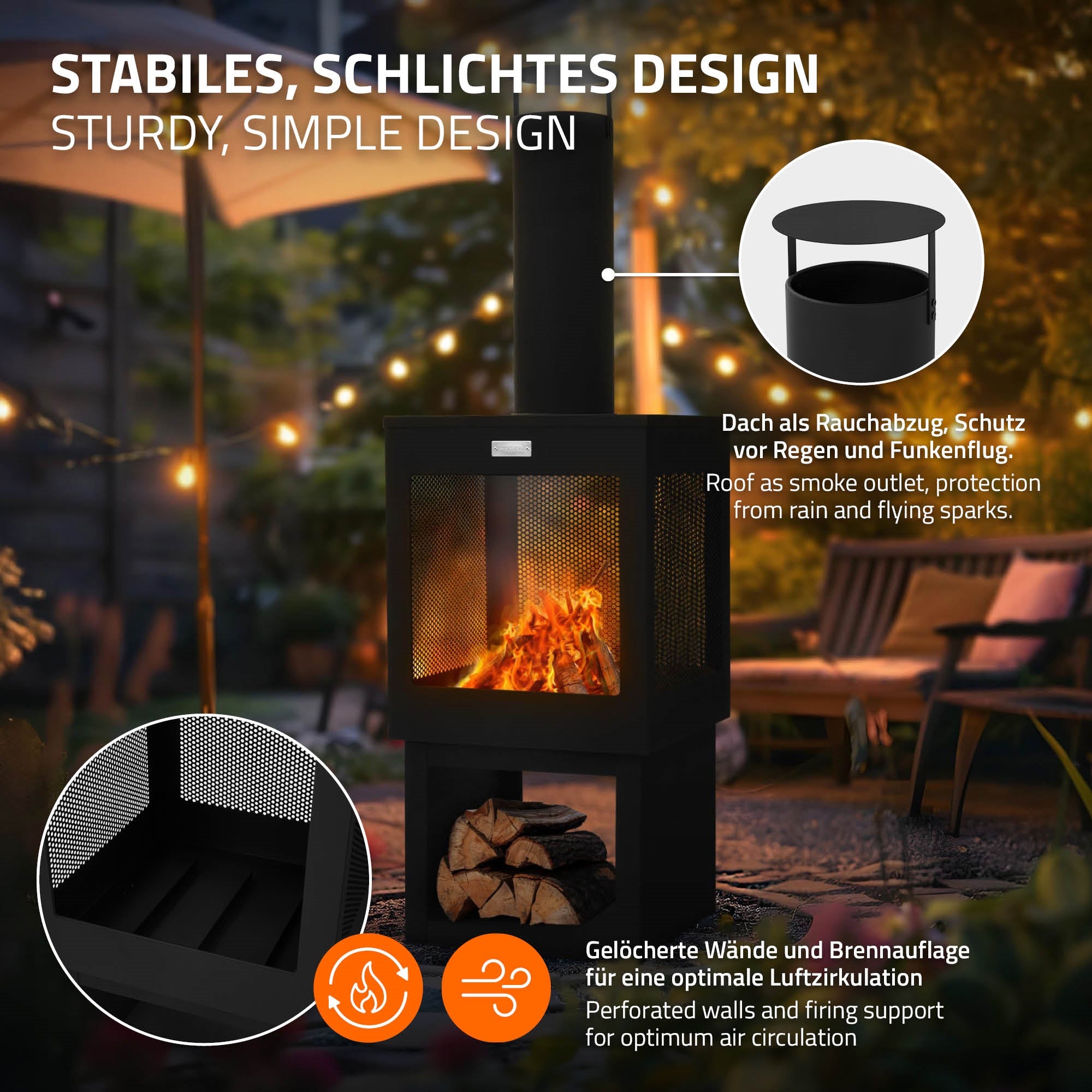 Schwarzer Kamin mit Feuer, Dach schützt vor Regen und Funkenflug.